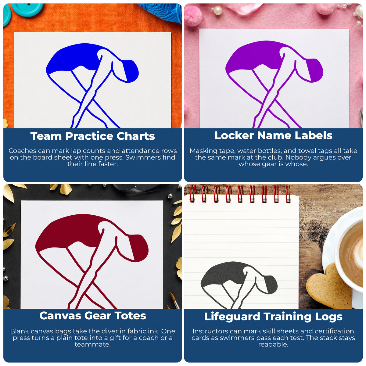 Female Diver Rubber Stamp project ideas: Team Practice Charts, Locker Name Labels, Canvas Gear Totes and Lifeguard Training Logs.