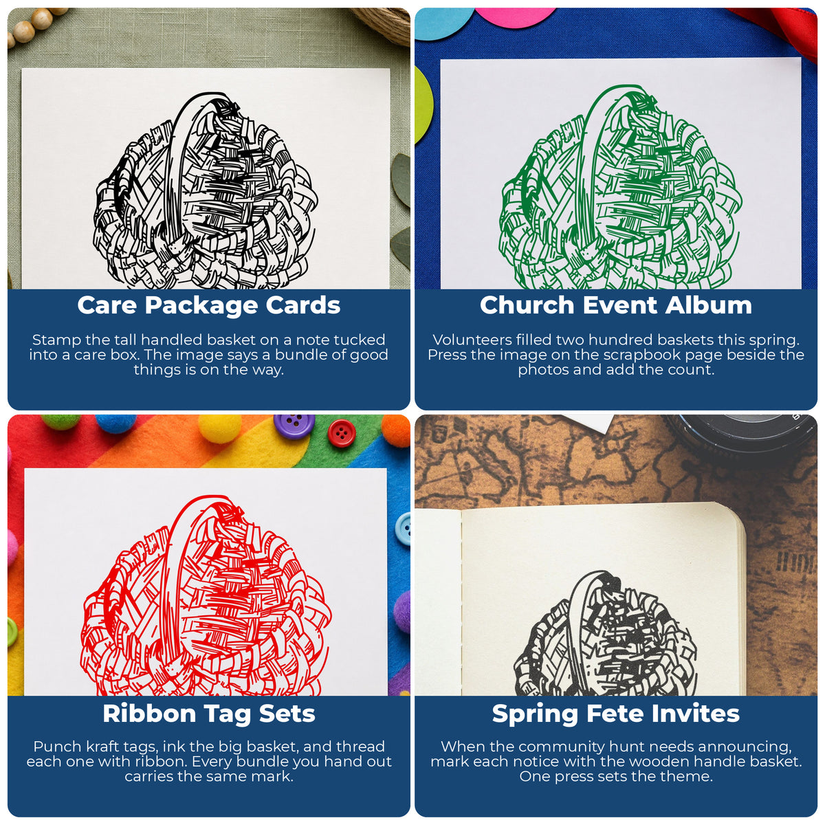Empty Easter Basket Rubber Stamp Large project ideas: Care Package Cards, Church Event Album, Ribbon Tag Sets and Spring Fete Invites.