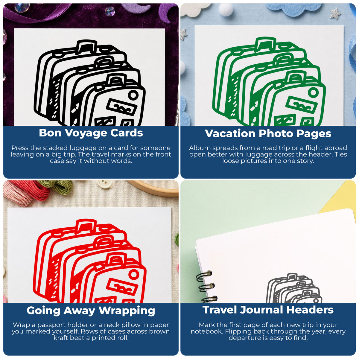 Travel Suitcases Rubber Stamp project ideas: Bon Voyage Cards, Vacation Photo Pages, Going Away Wrapping and Travel Journal Headers.