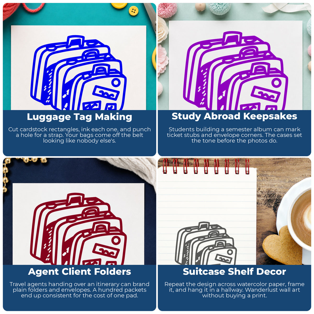 Travel Suitcases Rubber Stamp project ideas: Luggage Tag Making, Study Abroad Keepsakes, Agent Client Folders and Suitcase Shelf Decor.