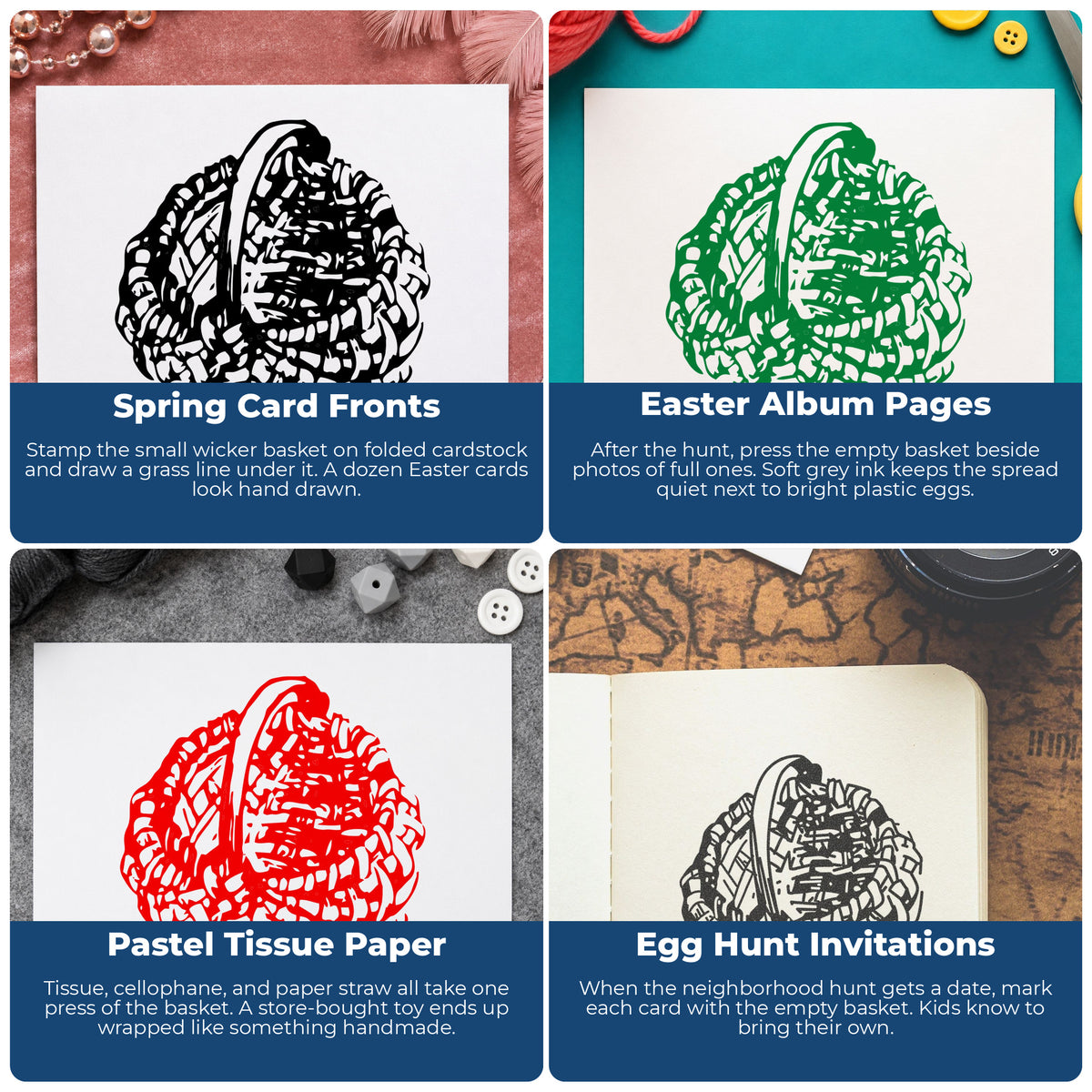 Empty Easter Basket Rubber Stamp Small project ideas: Spring Card Fronts, Easter Album Pages, Pastel Tissue Paper and Egg Hunt Invitations.