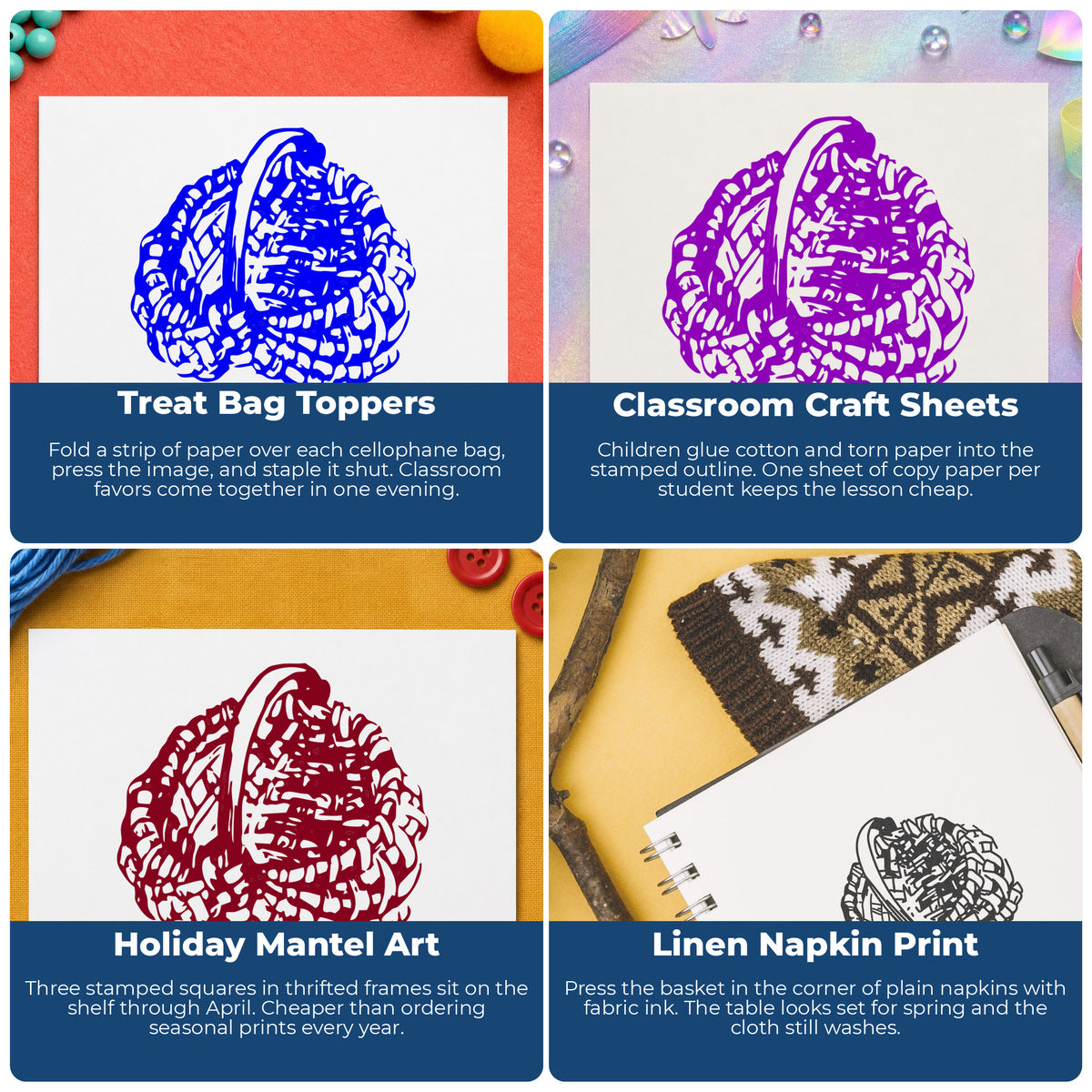 Empty Easter Basket Rubber Stamp Small project ideas: Treat Bag Toppers, Classroom Craft Sheets, Holiday Mantel Art and Linen Napkin Print.
