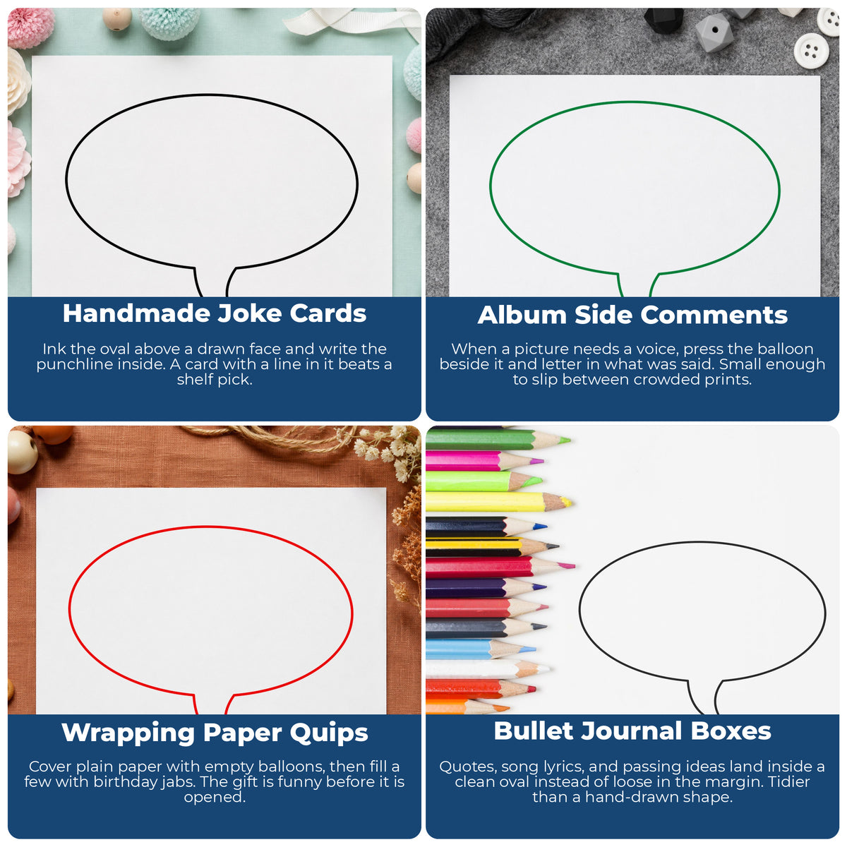 Left Oval Thought Bubble Rubber Stamp Small project ideas: Handmade Joke Cards, Album Side Comments, Wrapping Paper Quips and Bullet Journal Boxes.