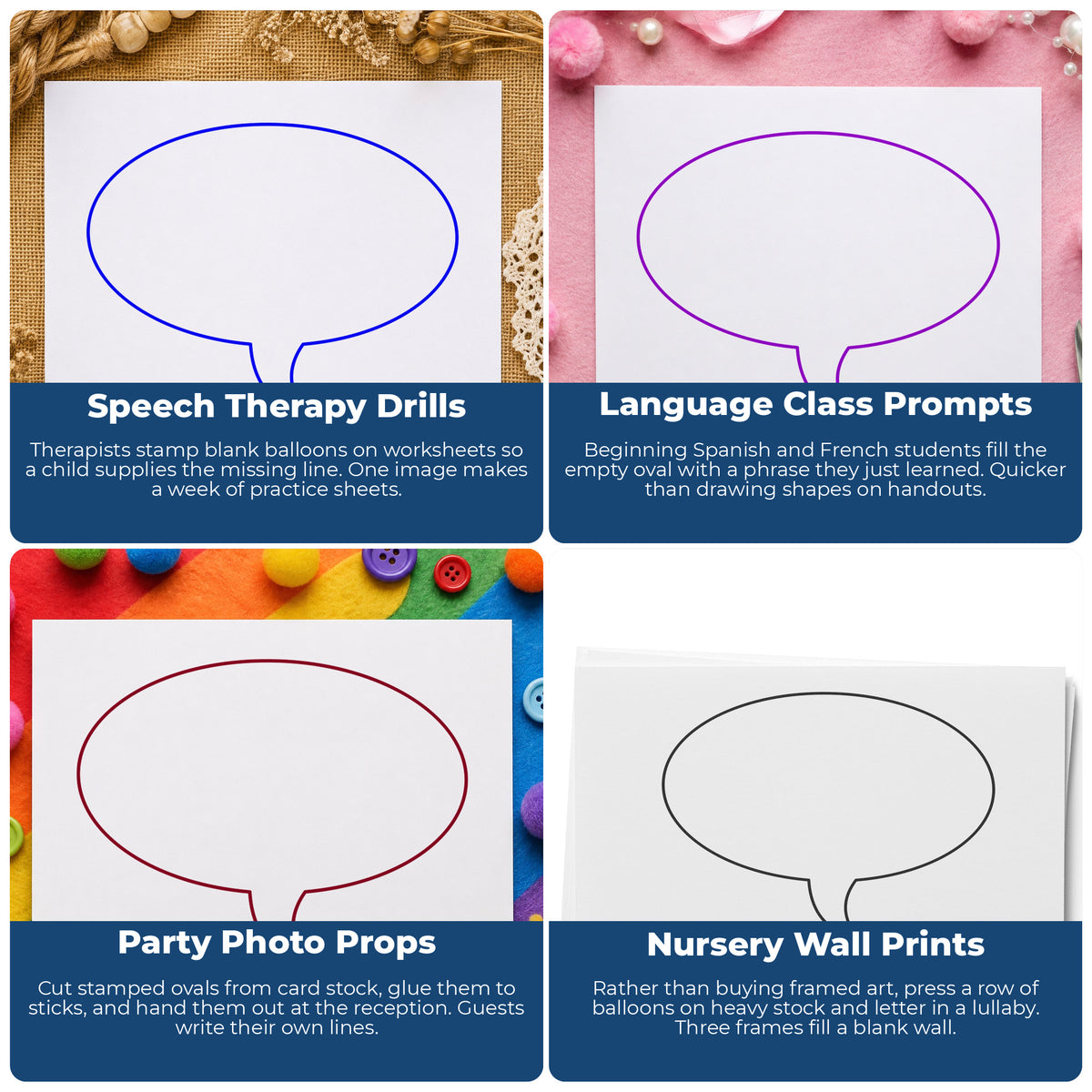 Left Oval Thought Bubble Rubber Stamp Small project ideas: Speech Therapy Drills, Language Class Prompts, Party Photo Props and Nursery Wall Prints.
