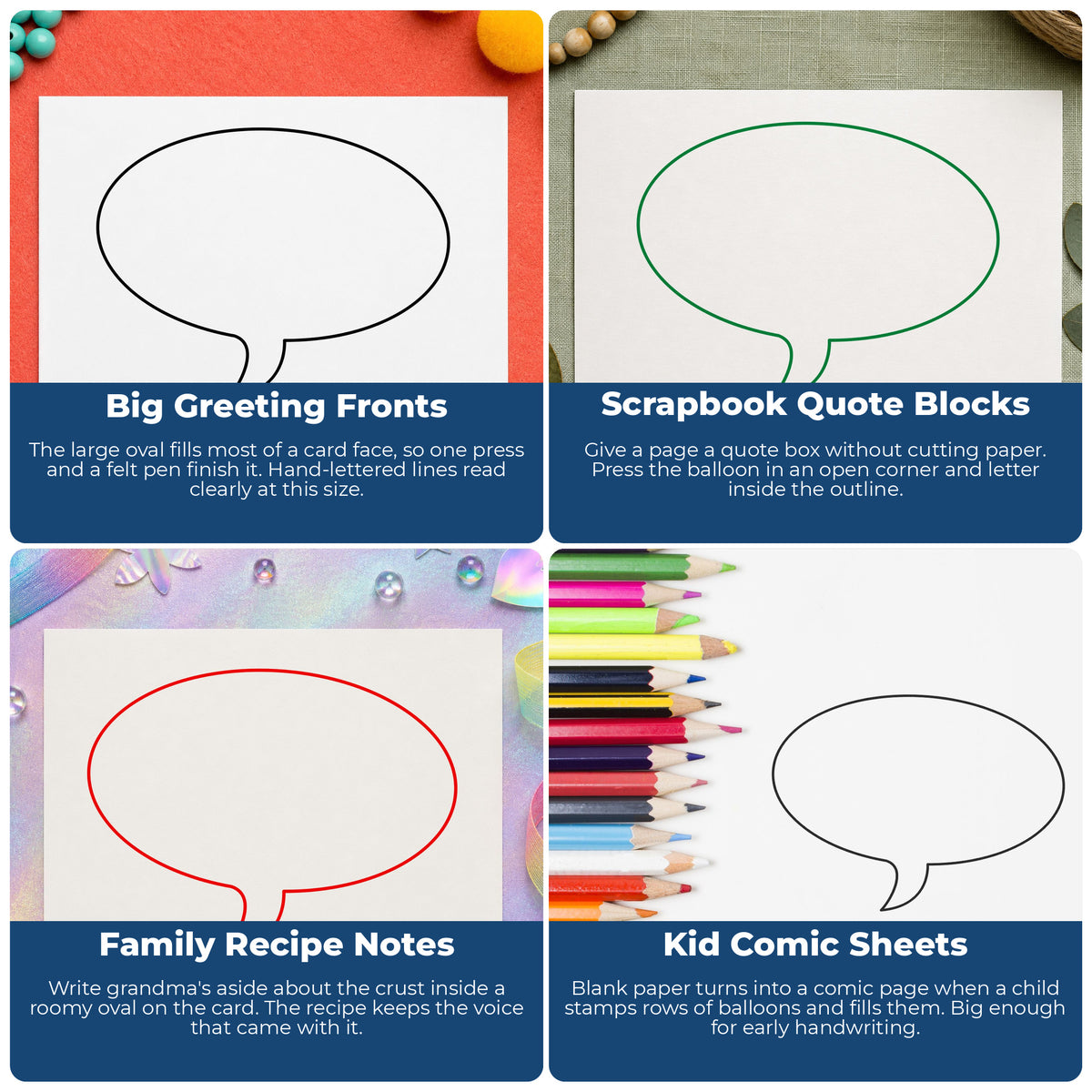 Right Oval Thought Bubble Rubber Stamp Large project ideas: Big Greeting Fronts, Scrapbook Quote Blocks, Family Recipe Notes and Kid Comic Sheets.