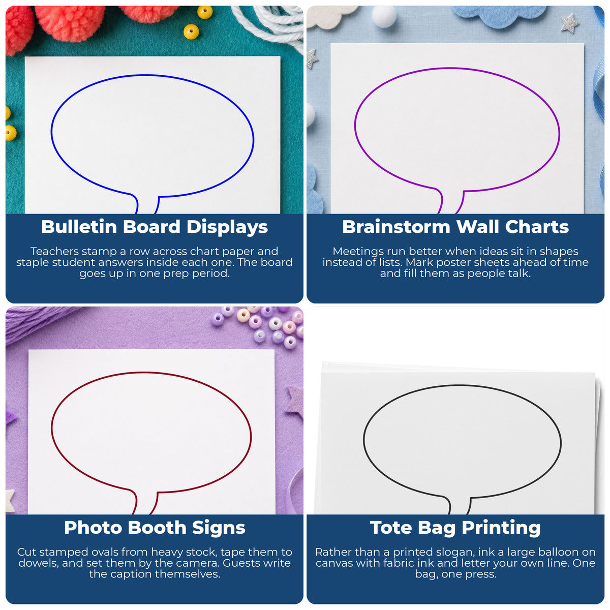 Right Oval Thought Bubble Rubber Stamp Large project ideas: Bulletin Board Displays, Brainstorm Wall Charts, Photo Booth Signs and Tote Bag Printing.