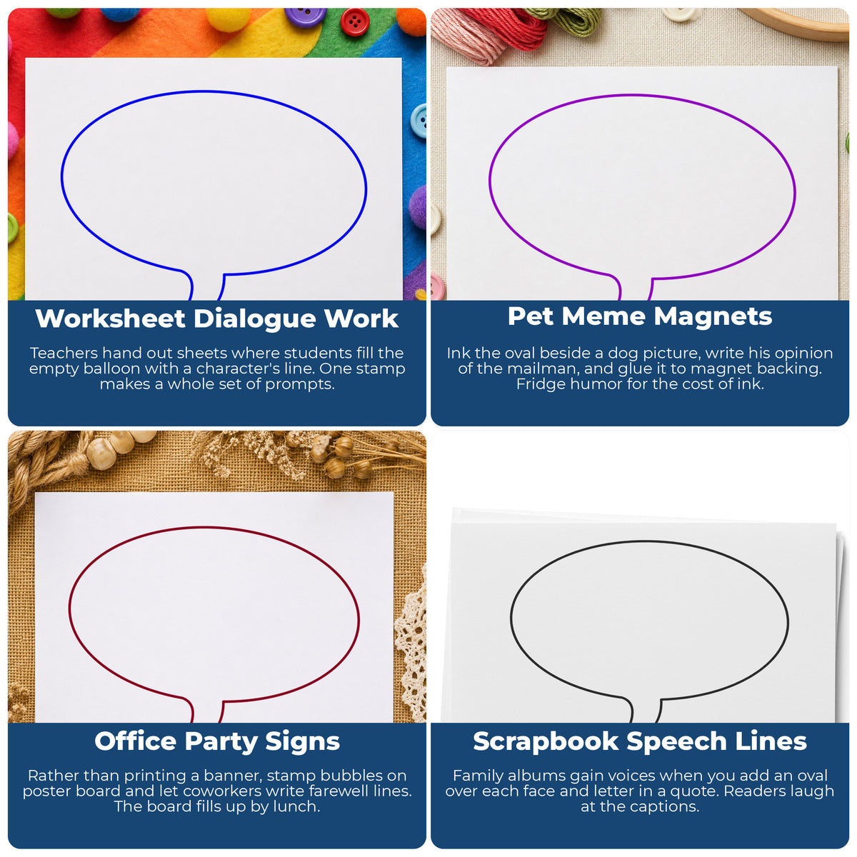 Right Oval Thought Bubble Rubber Stamp Small project ideas: Worksheet Dialogue Work, Pet Meme Magnets, Office Party Signs and Scrapbook Speech Lines.