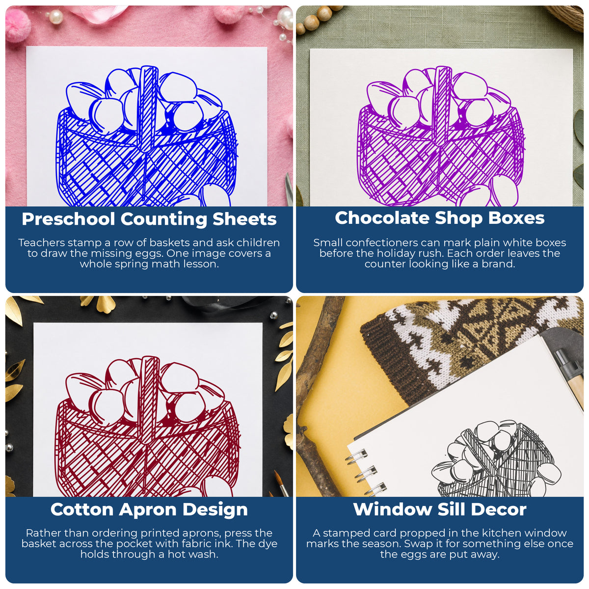 Easter Egg Basket Rubber Stamp project ideas: Preschool Counting Sheets, Chocolate Shop Boxes, Cotton Apron Design and Window Sill Decor.