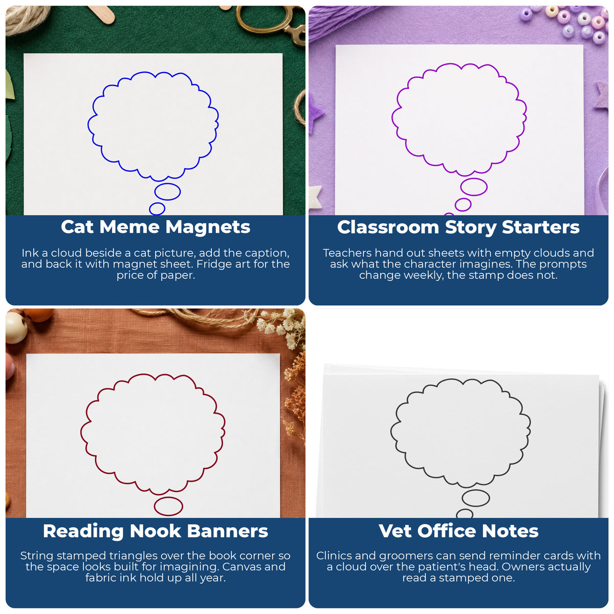 Right Thought Cloud Rubber Stamp project ideas: Cat Meme Magnets, Classroom Story Starters, Reading Nook Banners and Vet Office Notes.