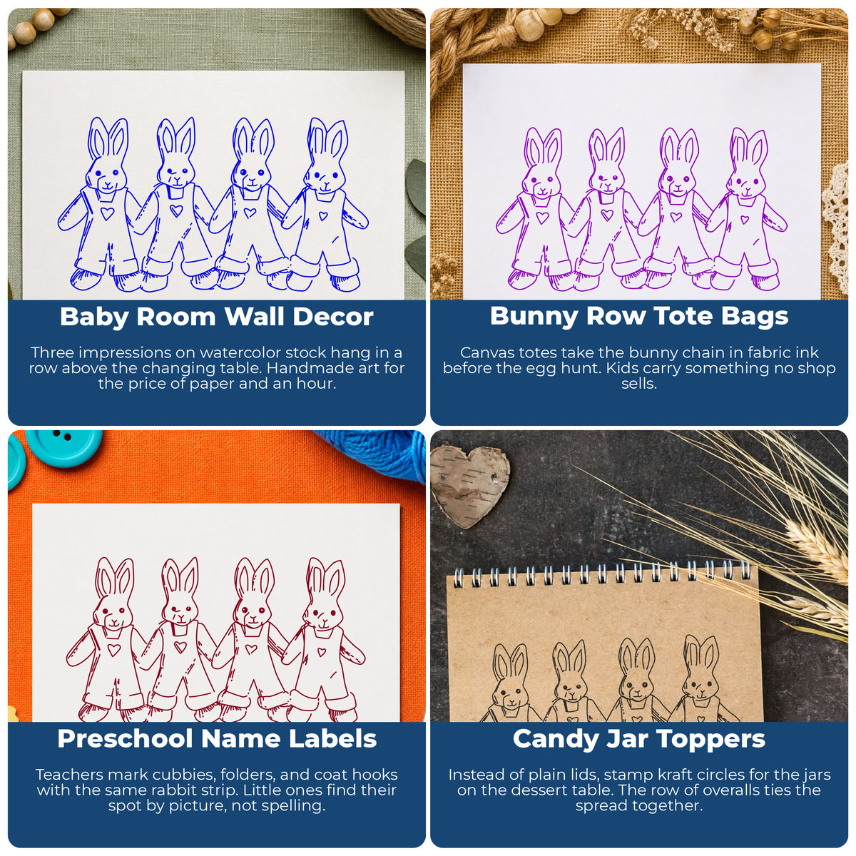 Four Linked Bunnies Rubber Stamp project ideas: Baby Room Wall Decor, Bunny Row Tote Bags, Preschool Name Labels and Candy Jar Toppers.