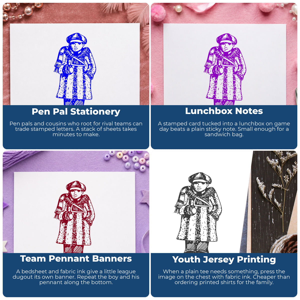Boy Sports Fan with Pennant Rubber Stamp project ideas: Pen Pal Stationery, Lunchbox Notes, Team Pennant Banners and Youth Jersey Printing.
