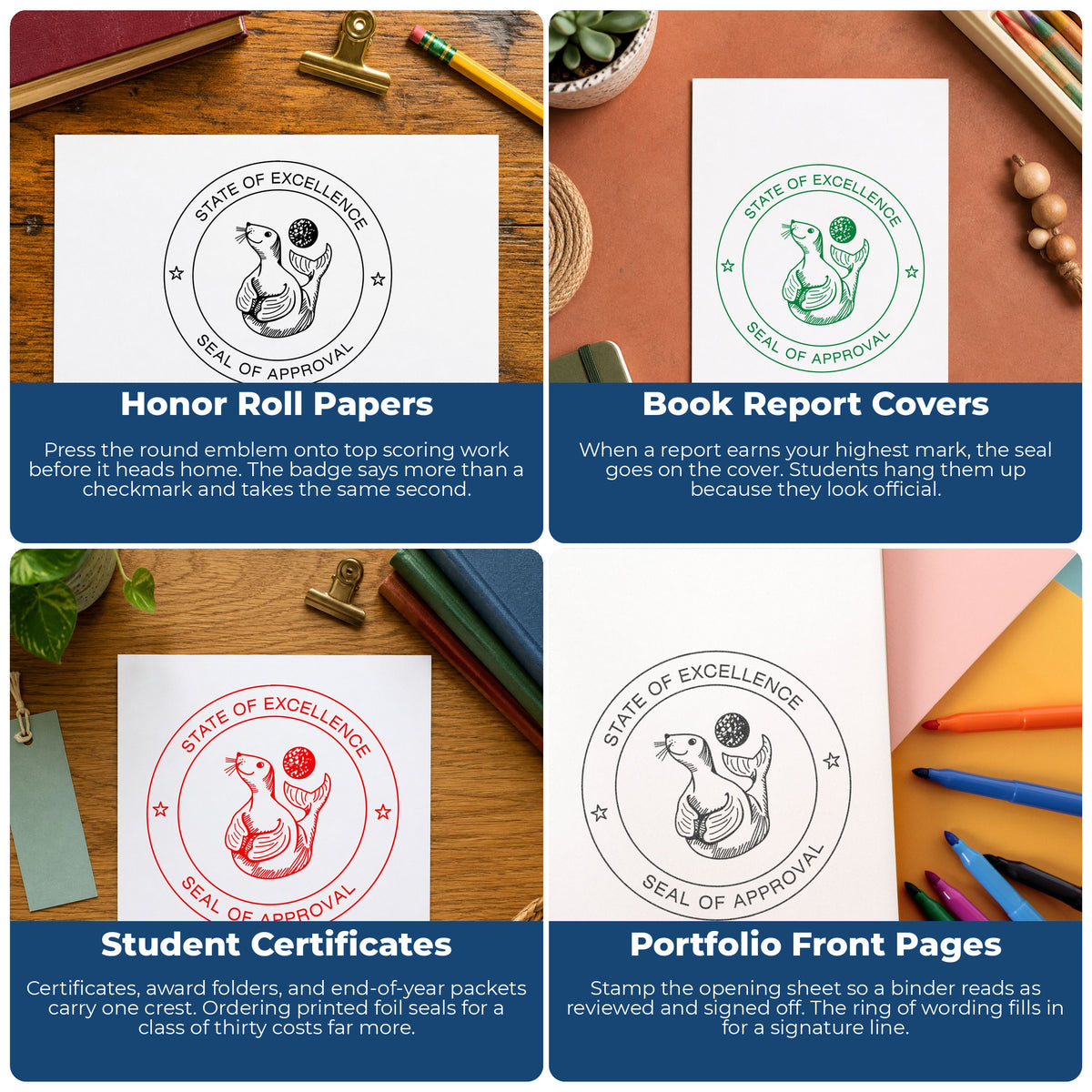 Seal of Approval Animal Rubber Stamp project ideas: Honor Roll Papers, Book Report Covers, Student Certificates and Portfolio Front Pages.