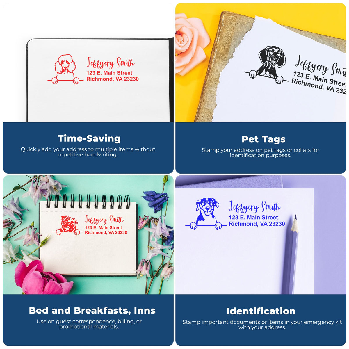 Custom dog address rubber stamp used on stationery, pet tags, and envelopes for fast mailing, identification, and small business branding.
