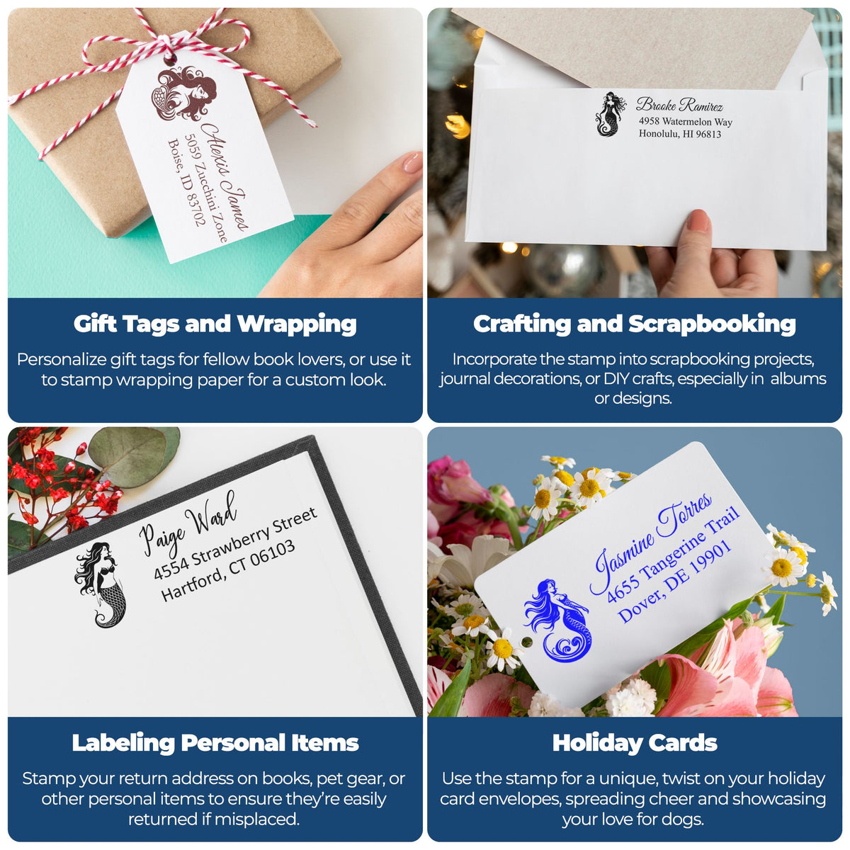 Custom rubber stamp ideas for gift tags, scrapbooking, return addresses, and holiday card envelopes for personalized stationery.