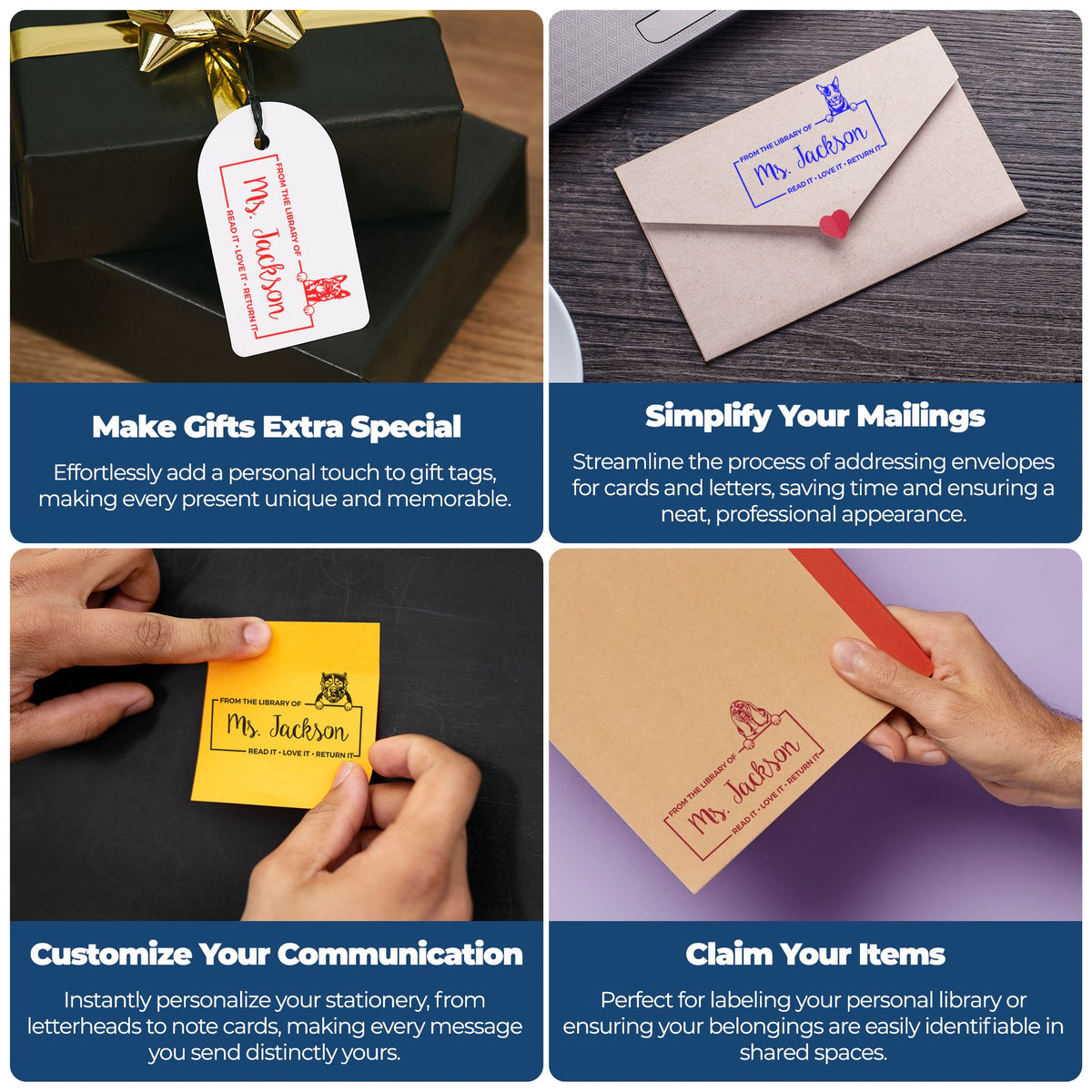 Personalized rubber stamps for gift tags, envelopes, stationery and book labels, making gifts and mailings easy to customize.
