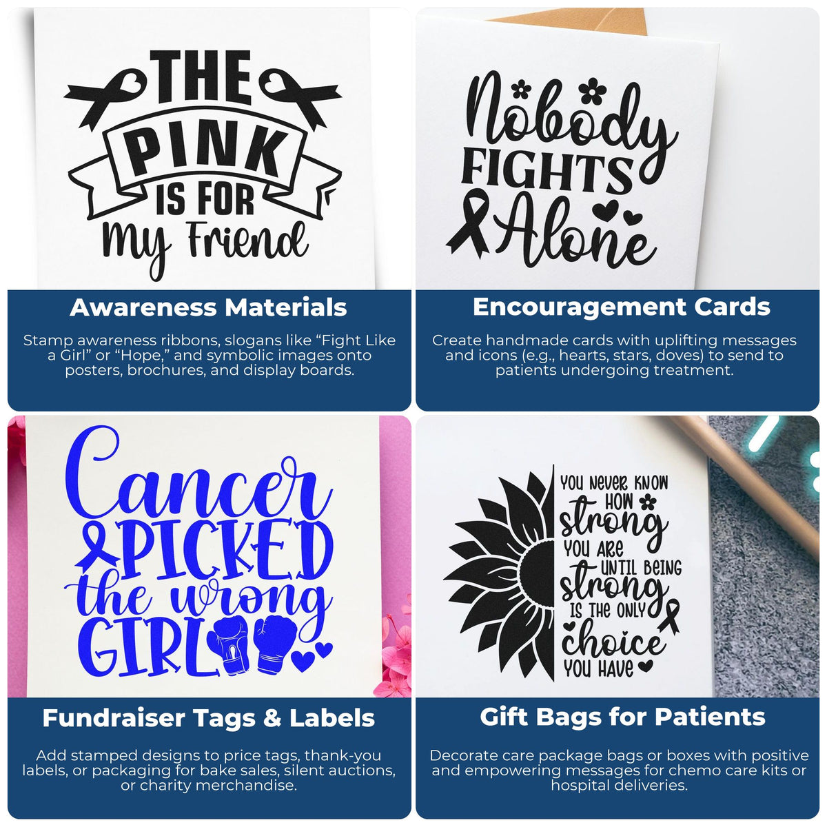 Cancer awareness rubber stamps for handmade cards, fundraiser tags, and chemo care gifts with uplifting pink ribbon messages.