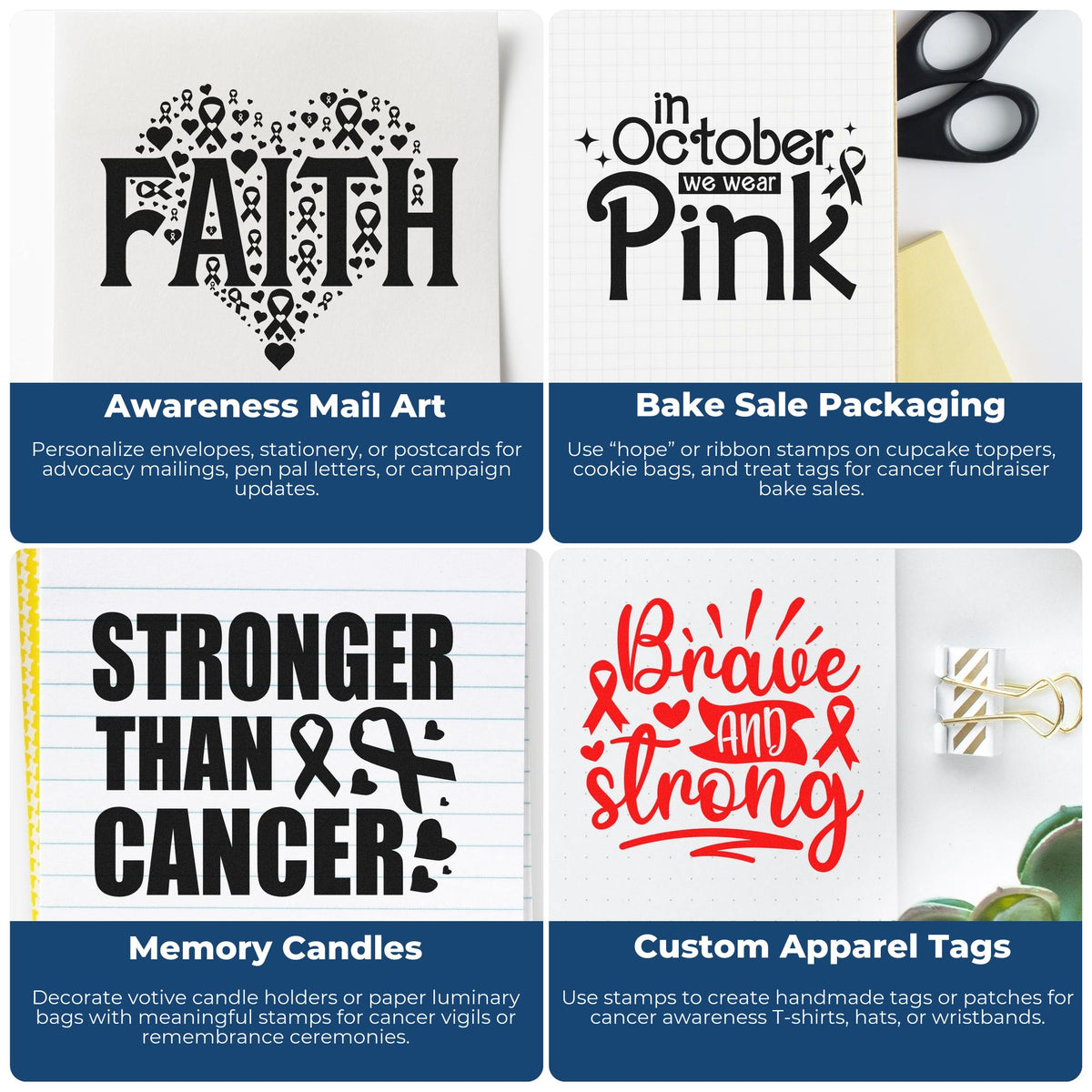 Cancer awareness rubber stamp ideas for mail art, bake sale packaging, memorial candles, and custom apparel tags.