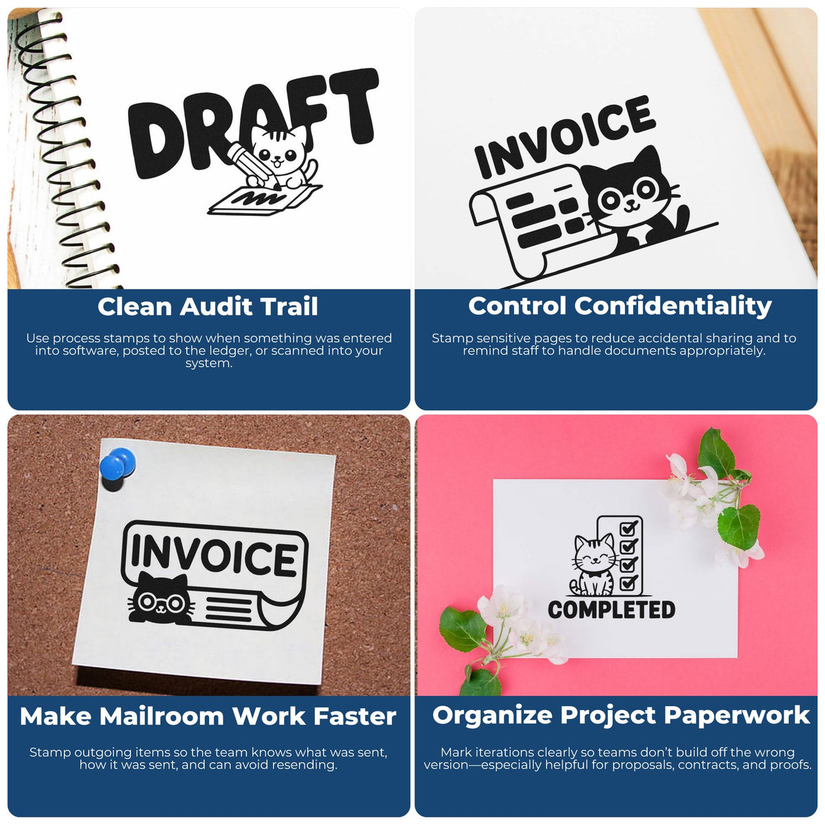 Rubber stamps infographic for audit trails, confidential documents, mailroom processing, and project paperwork organization.