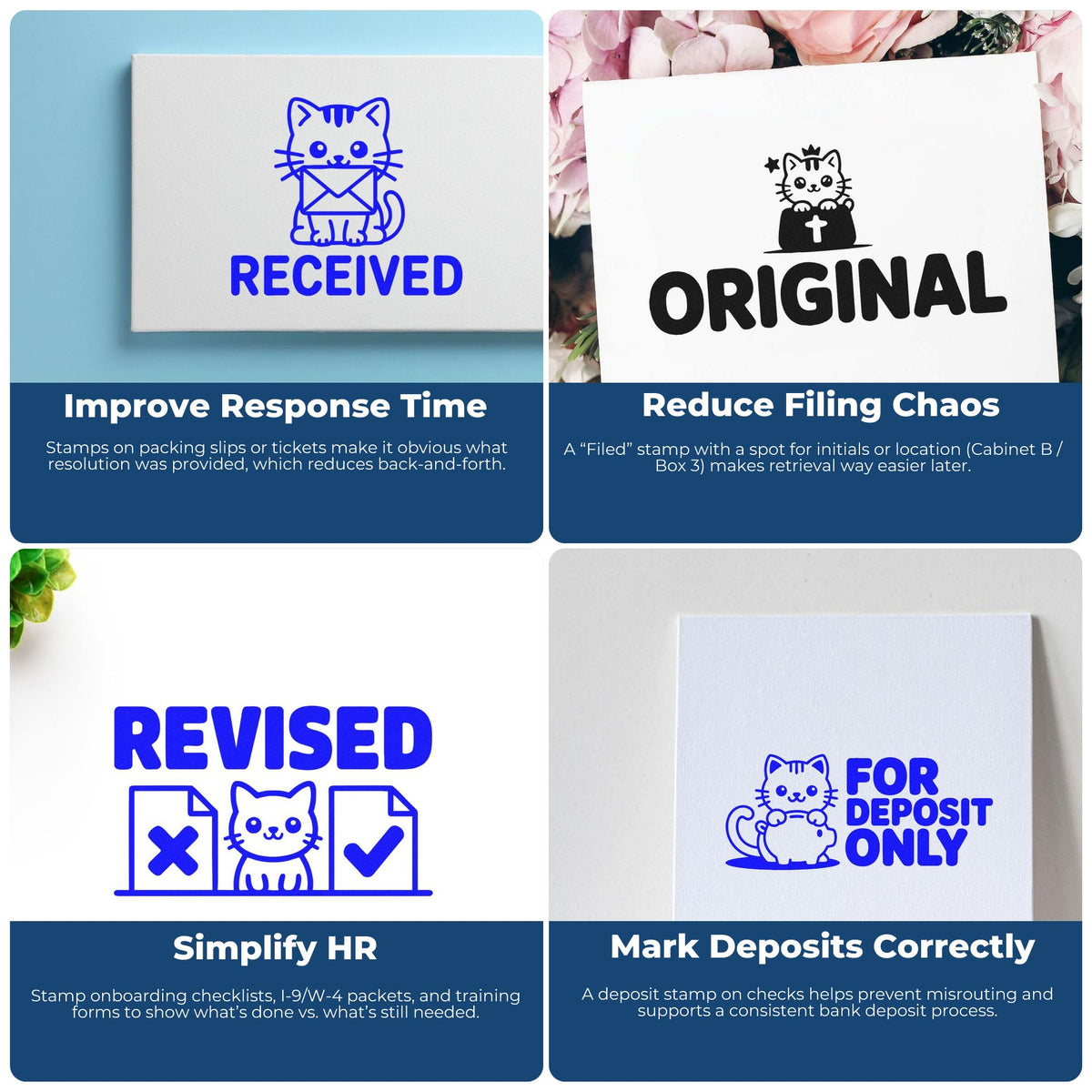 Custom rubber stamps infographic showing Received, Original, Revised, and For Deposit Only stamps for efficient office workflows.