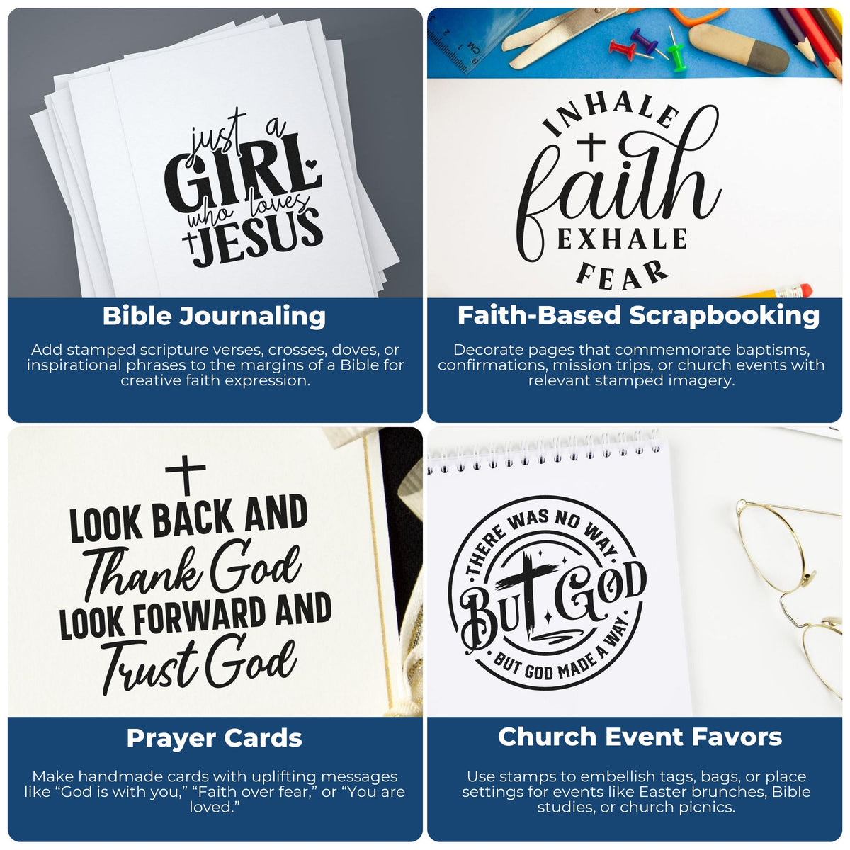 Rubber stamp ideas for Bible journaling, faith scrapbooking, prayer cards, and church event favors with Christian quotes.