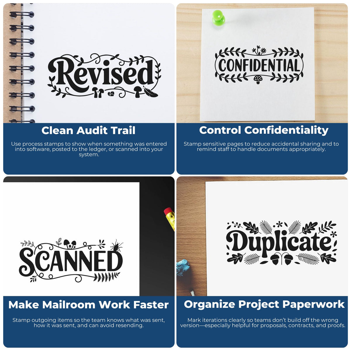 Office rubber stamps for document control: Revised, Confidential, Scanned and Duplicate stamps for audits, mailroom workflow and version control.