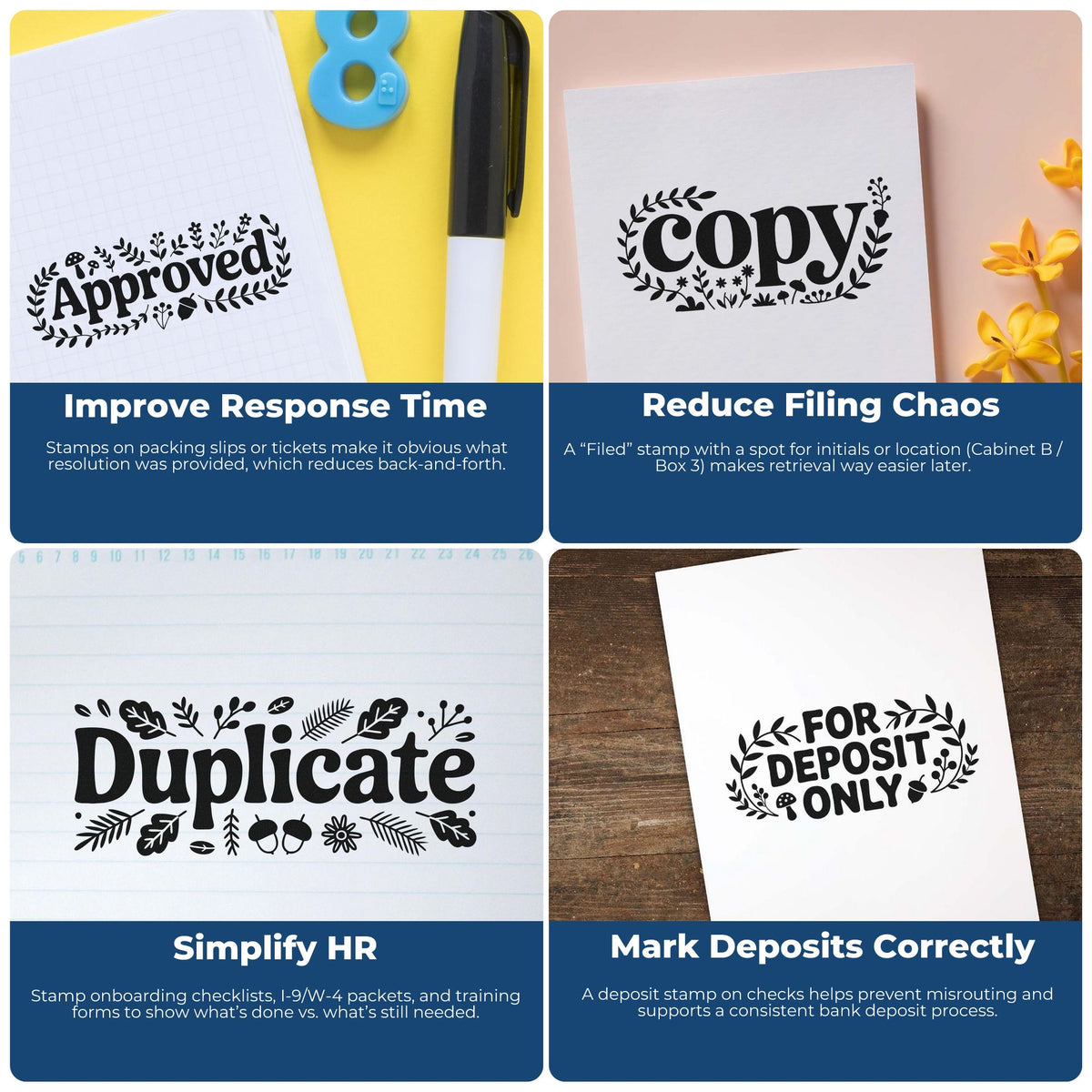 Custom rubber stamp examples for office workflows, including Approved, Copy, Duplicate, and For Deposit Only stamps.