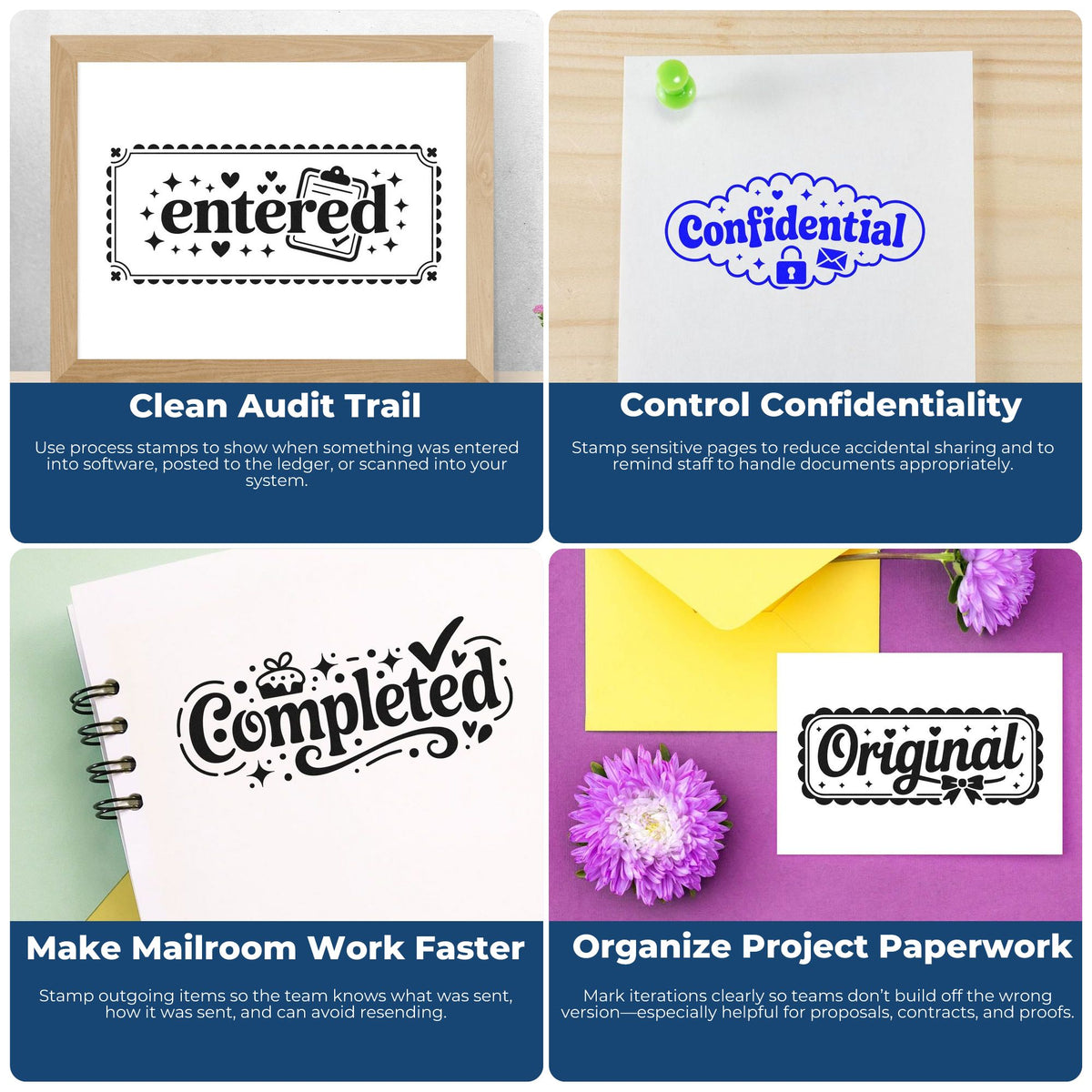 Custom rubber stamp examples for business workflow: entered, confidential, completed, and original stamps for audit trails, mail, and paperwork.