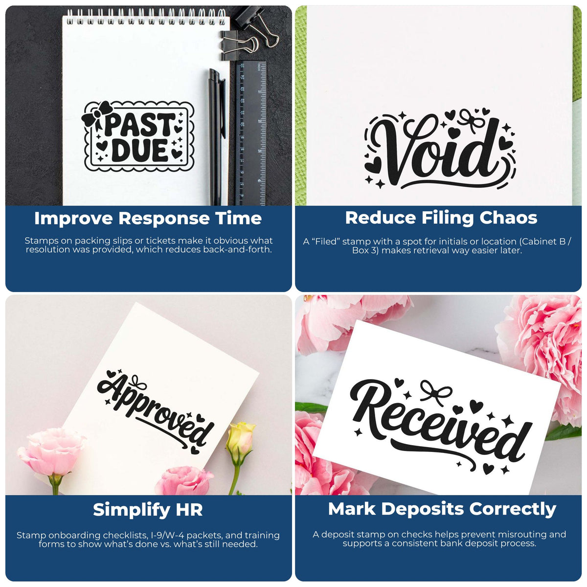 Custom rubber stamp marking past due on paperwork to speed collections and improve response time for office processing.