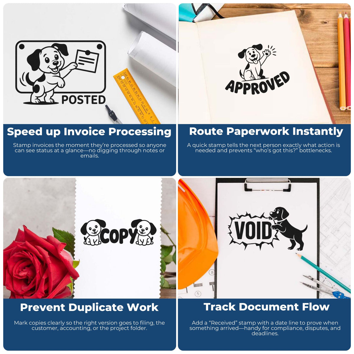 Rubber stamp examples for invoice processing, approval, copy, and void marks to streamline document handling and workflow.