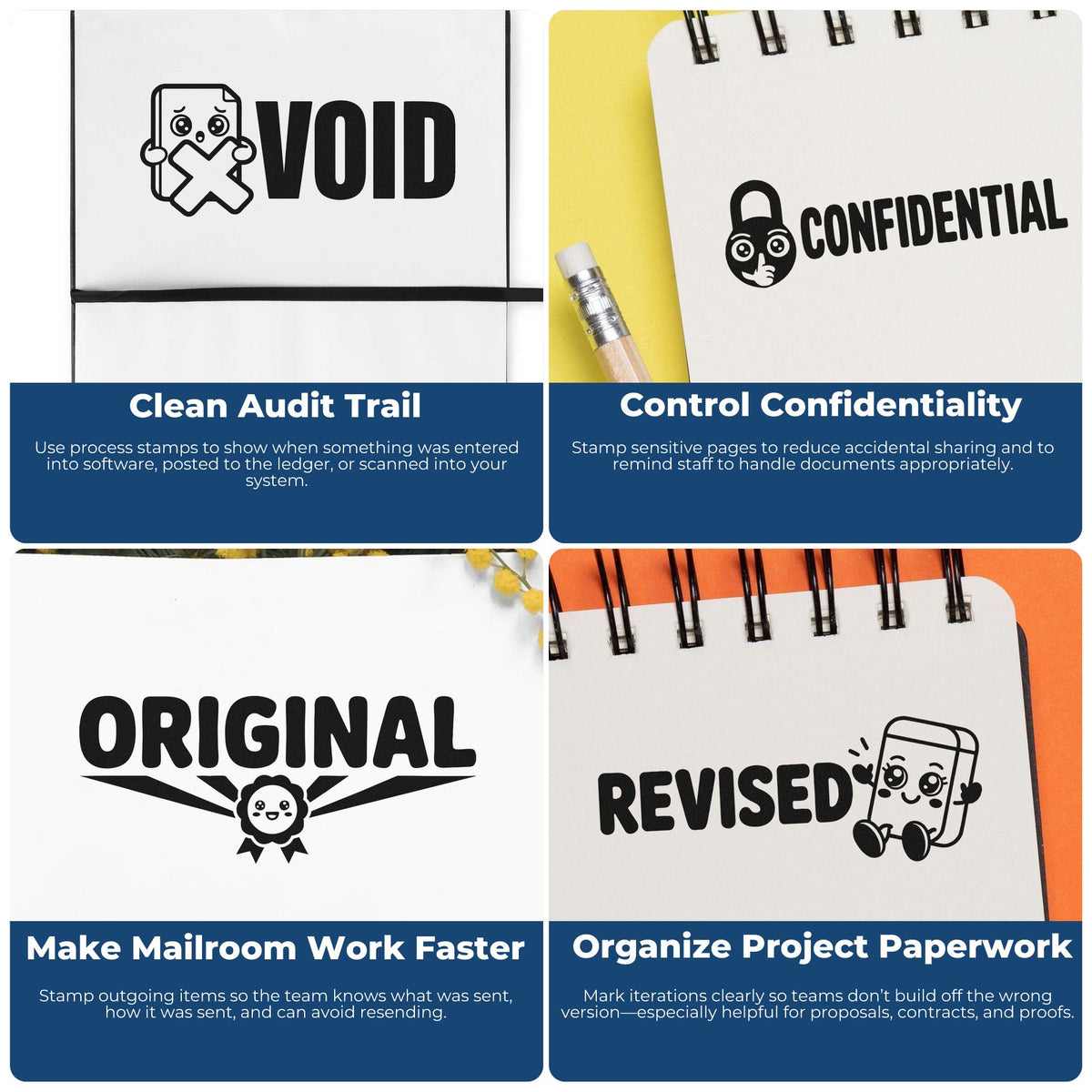 Rubber stamps for office document control: VOID, CONFIDENTIAL, ORIGINAL, and REVISED stamps for tracking, security, and versioning.