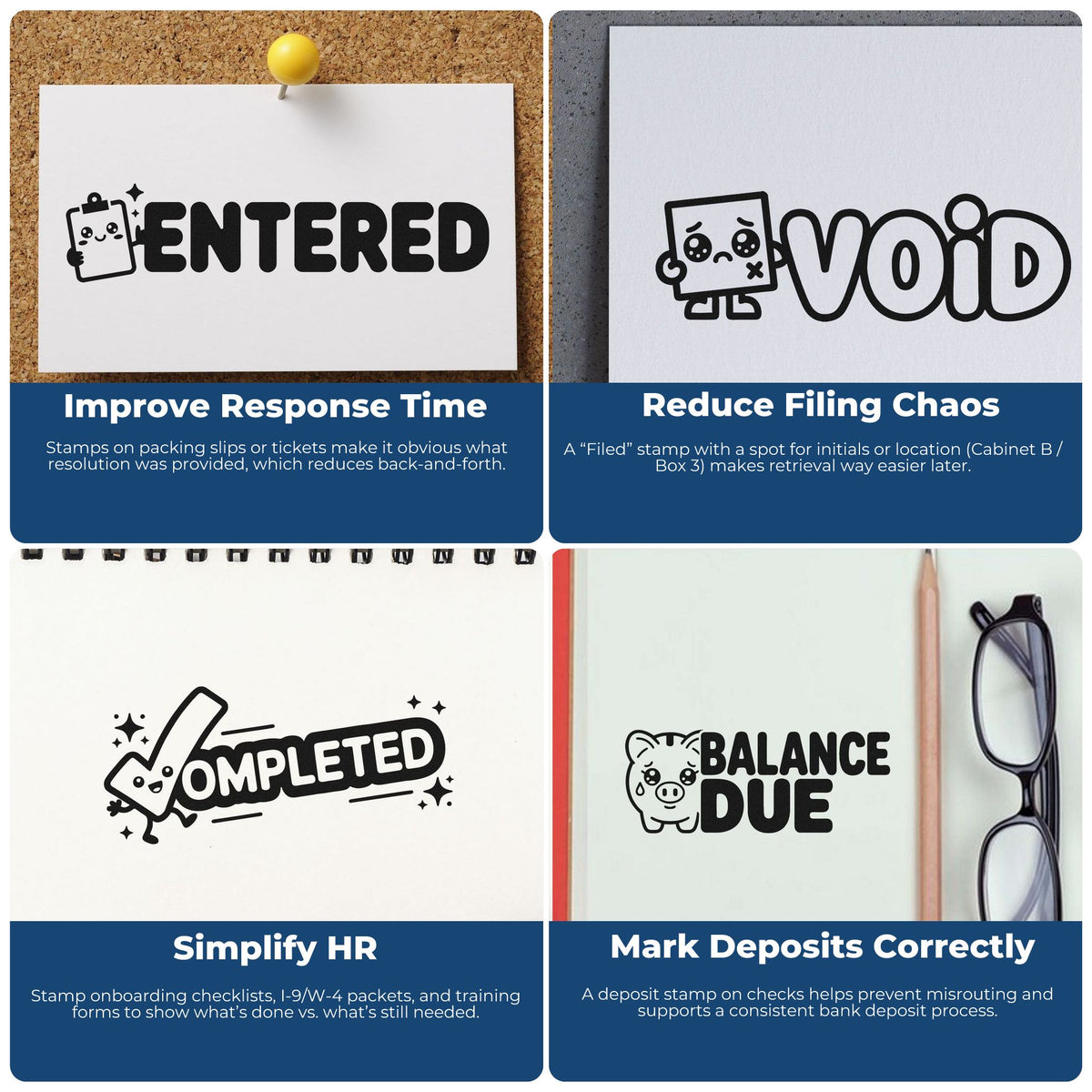 Custom rubber stamps for office workflows: Entered, Void, Completed, and Balance Due stamps for documents, filings, and deposits.