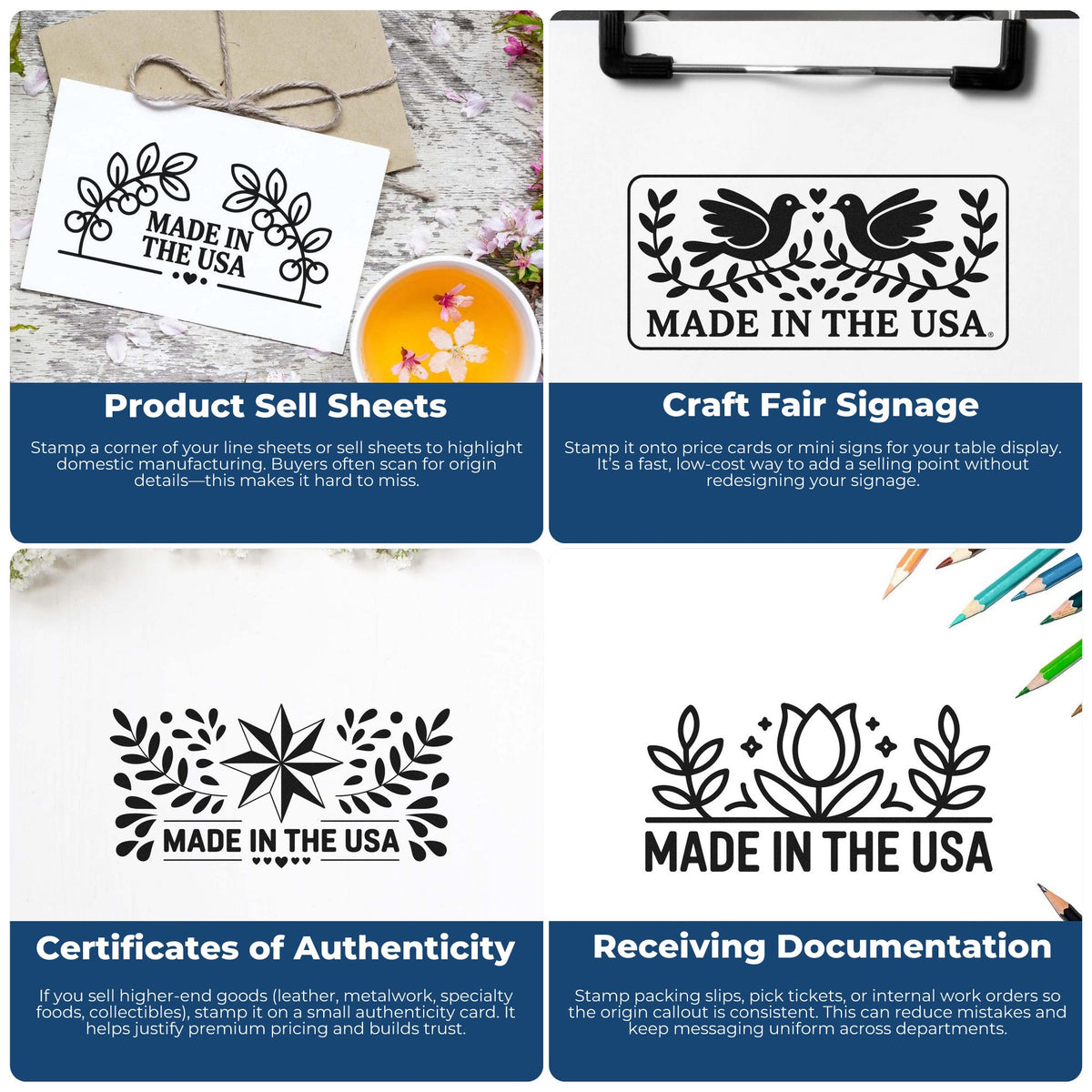 Rubber stamp examples for Made in USA branding on sell sheets, craft fair signs, authenticity cards, and receiving documents.