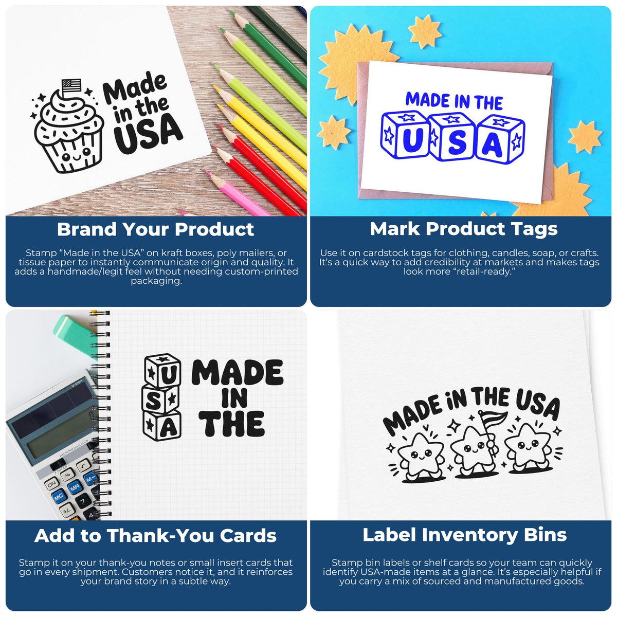 Collage of Made in USA rubber stamp uses for product branding, tags, thank-you cards, and inventory labels