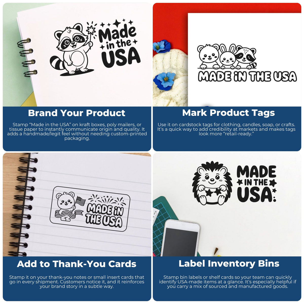 Made in USA rubber stamp examples for product packaging, gift tags, thank-you cards, and inventory labels.