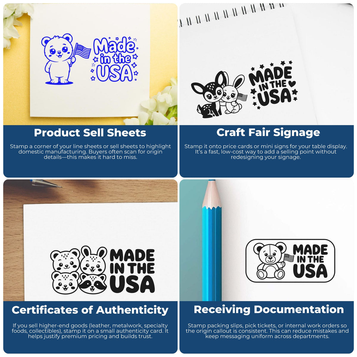Made in USA rubber stamp use cases for product sell sheets, craft fair signage, authenticity cards, and receiving docs.