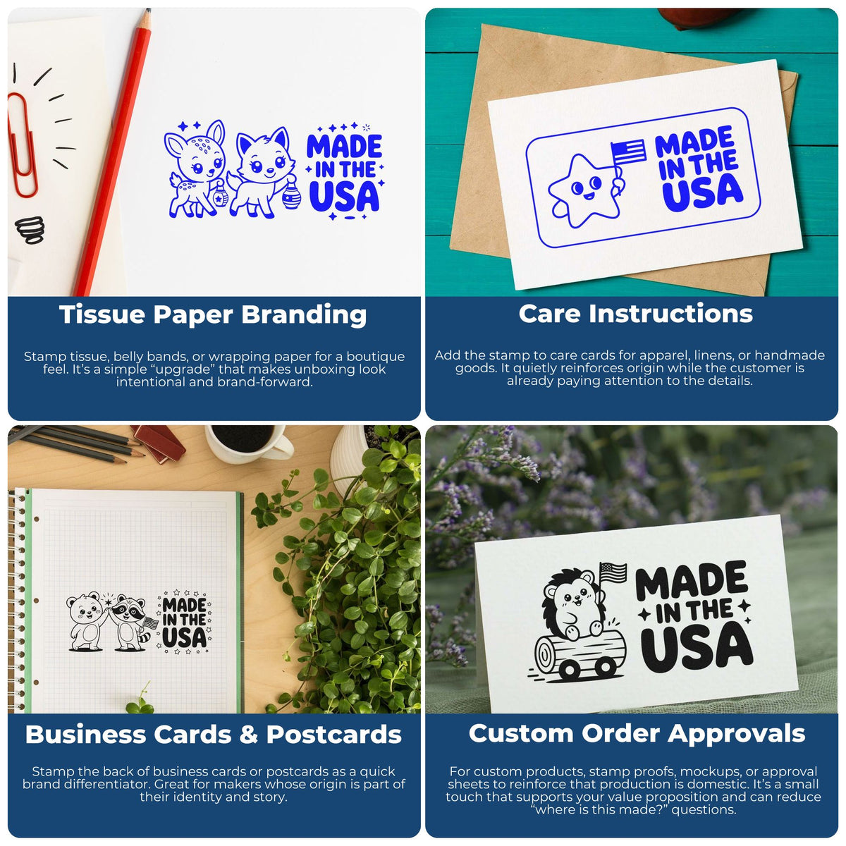Collage showing Made in USA rubber stamp uses for tissue paper branding, care cards, business cards, and custom order approvals.