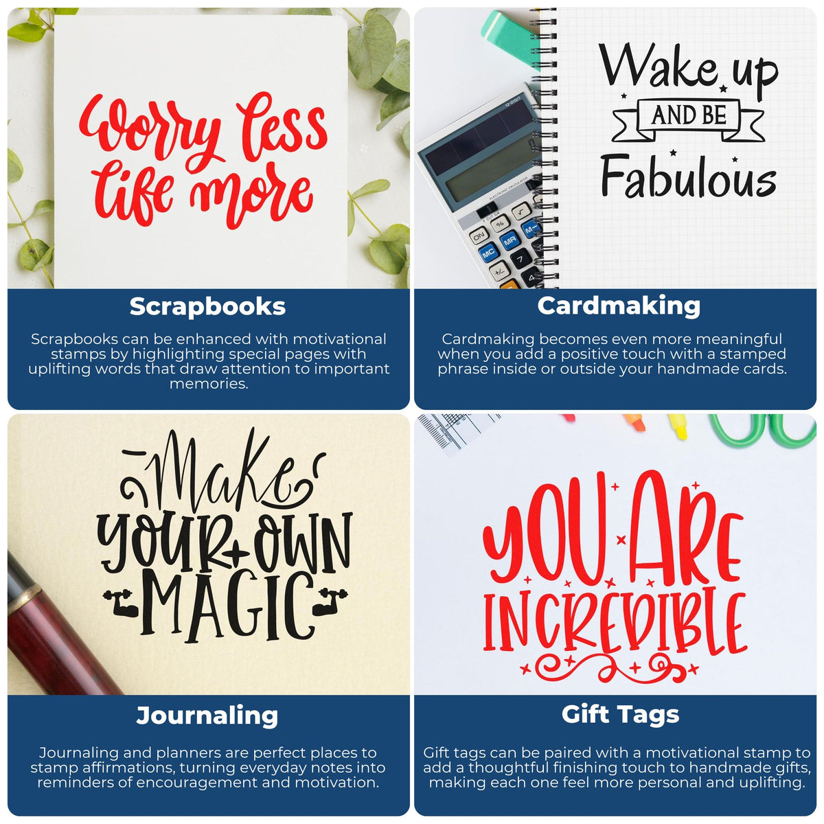 Rubber stamp ideas for scrapbooks, cardmaking, journaling, and gift tags with motivational phrases for handmade paper crafts.