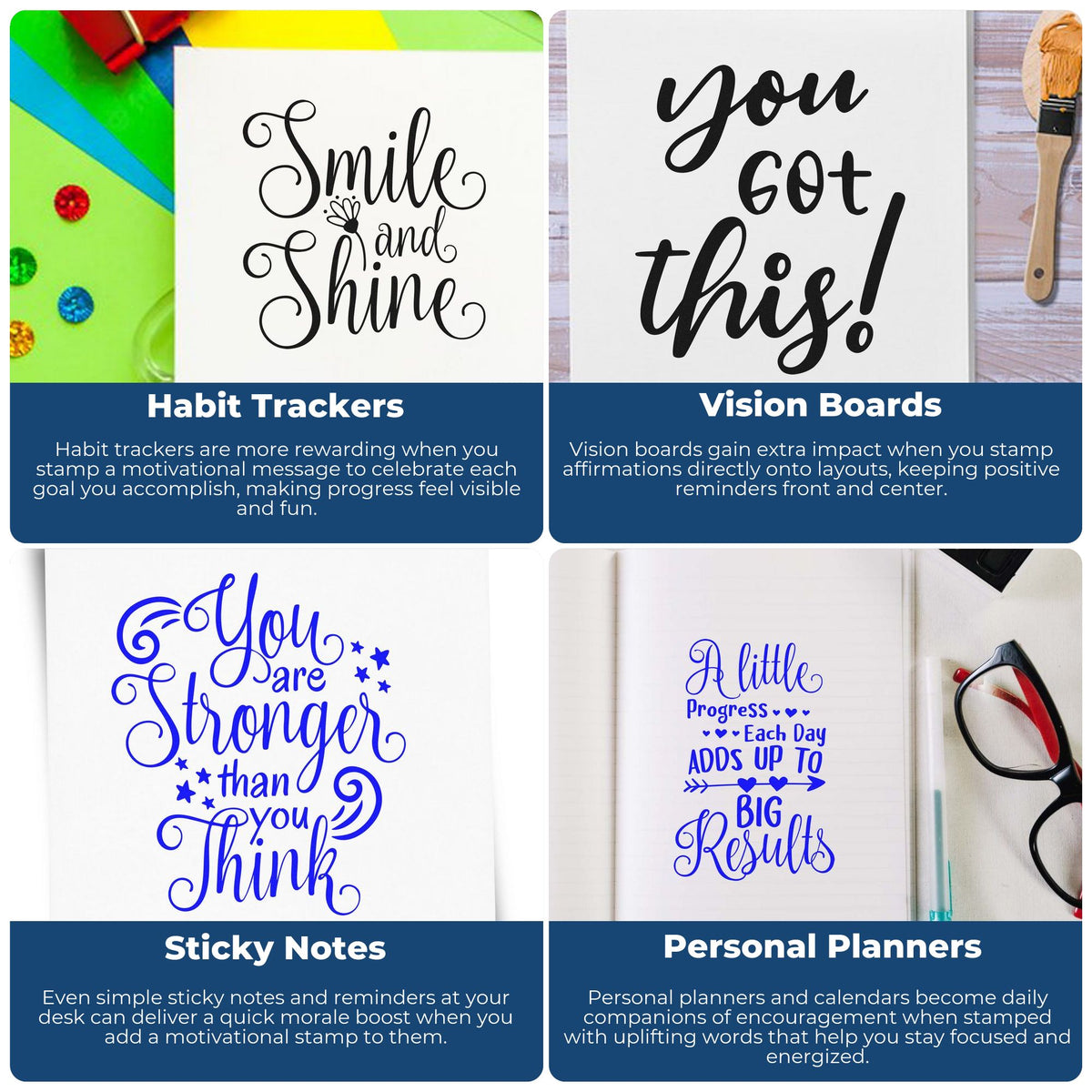 Motivational rubber stamps for planners, habit trackers, vision boards, and sticky notes with uplifting quotes and daily encouragement.