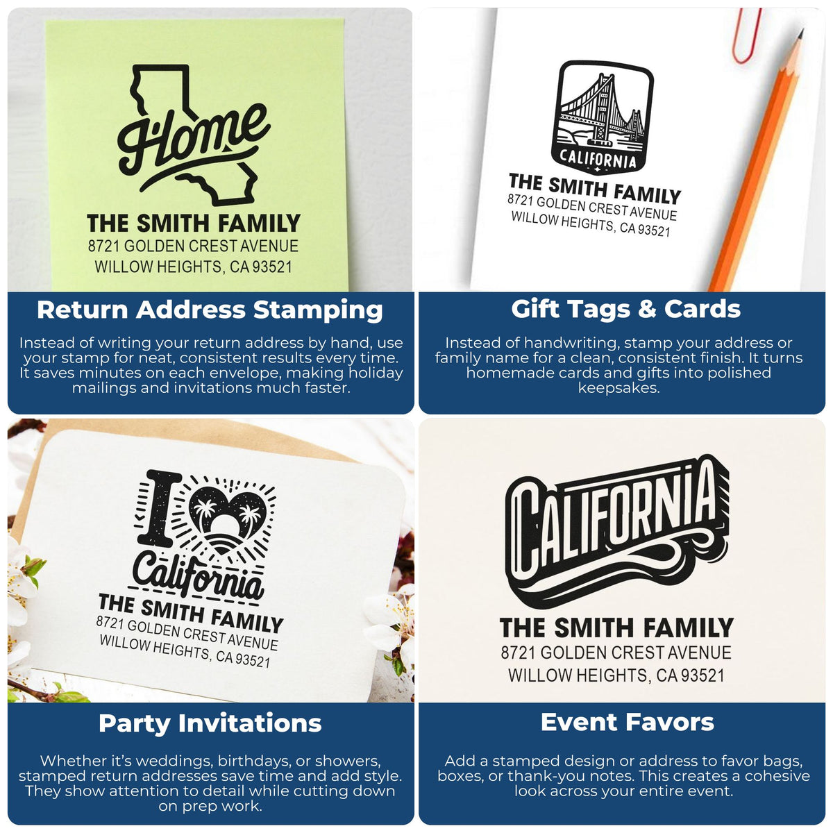 Custom rubber address stamp examples for return address mail, gift tags, party invitations, and event favors.