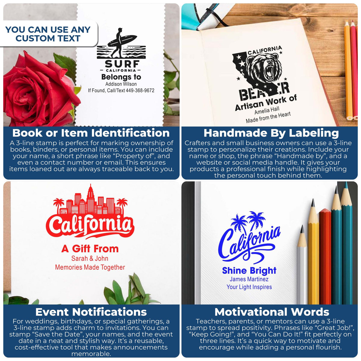 Collage of custom rubber stamp designs for book labels, handmade goods, gifts, events, and motivational messages.