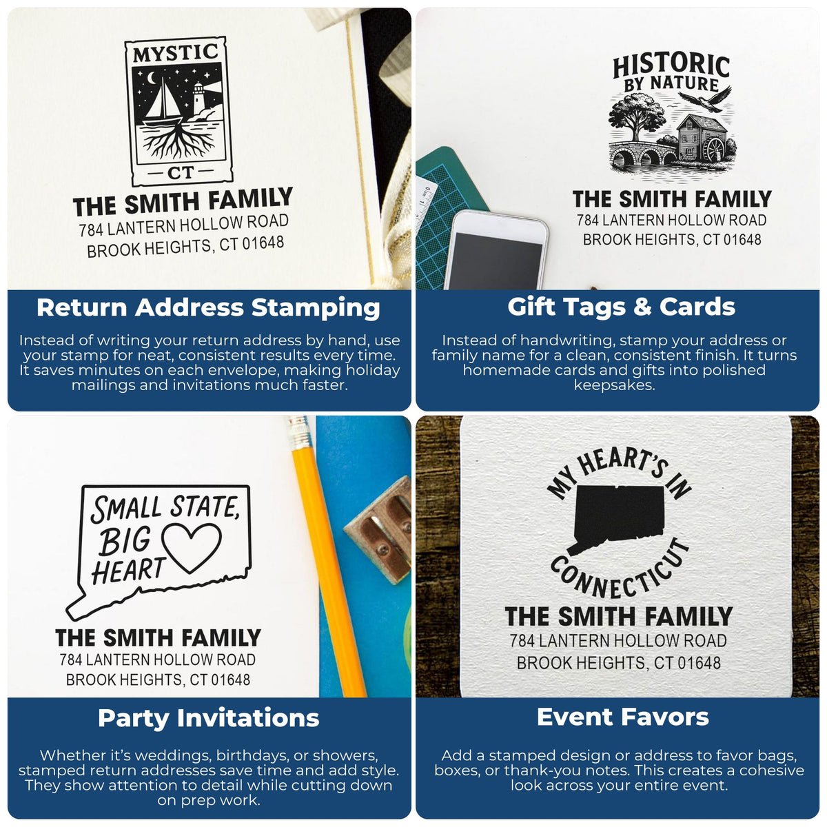 Custom rubber stamp ideas for return addresses, gift tags, invitations, and event favors with personalized family name and address.