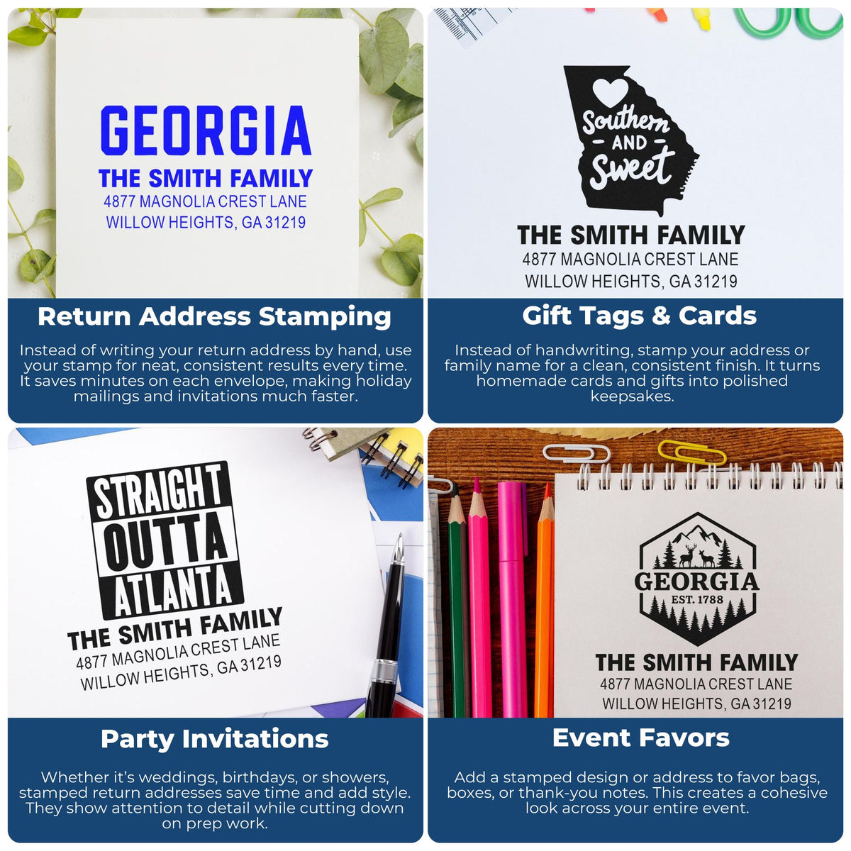 Custom rubber stamps for return addresses, gift tags, party invitations, and event favors