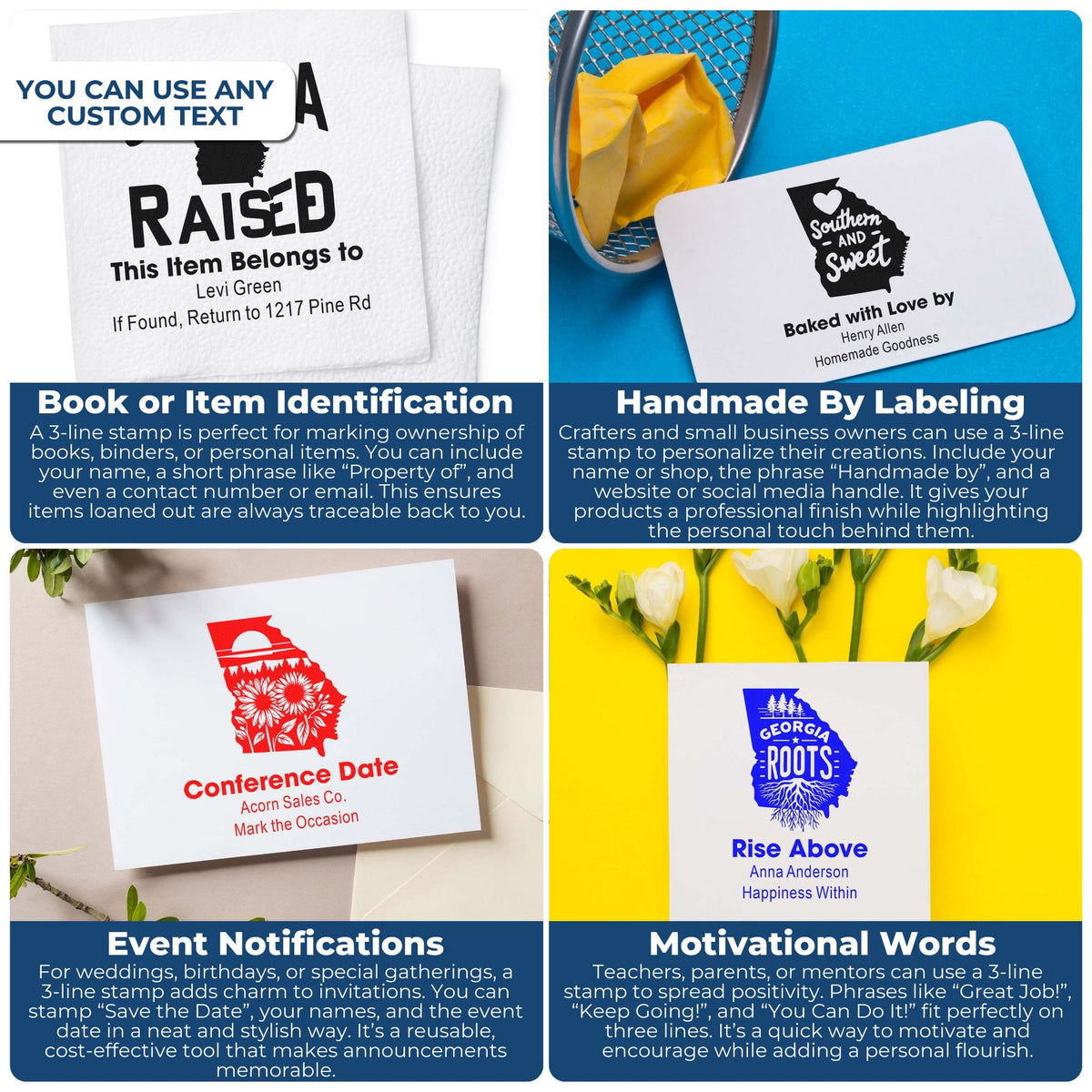 Custom rubber stamp examples for book labels, handmade product branding, event notices, and motivational message stamps.
