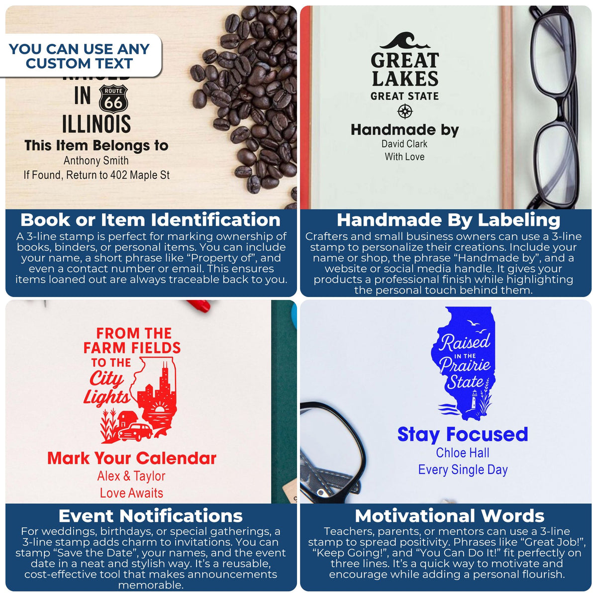 Collage of personalized rubber stamp examples for book ownership, handmade branding, event announcements, and motivational messages