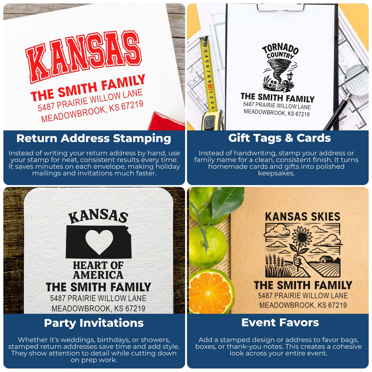 Custom rubber stamps for return addresses, gift tags, invitations, and event favors with personalized family name and address.