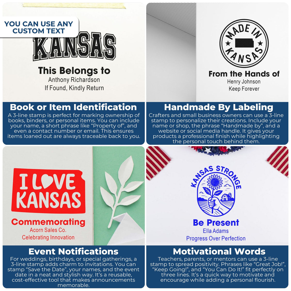 Custom rubber stamps for book labels, handmade branding, event announcements and motivational messages.