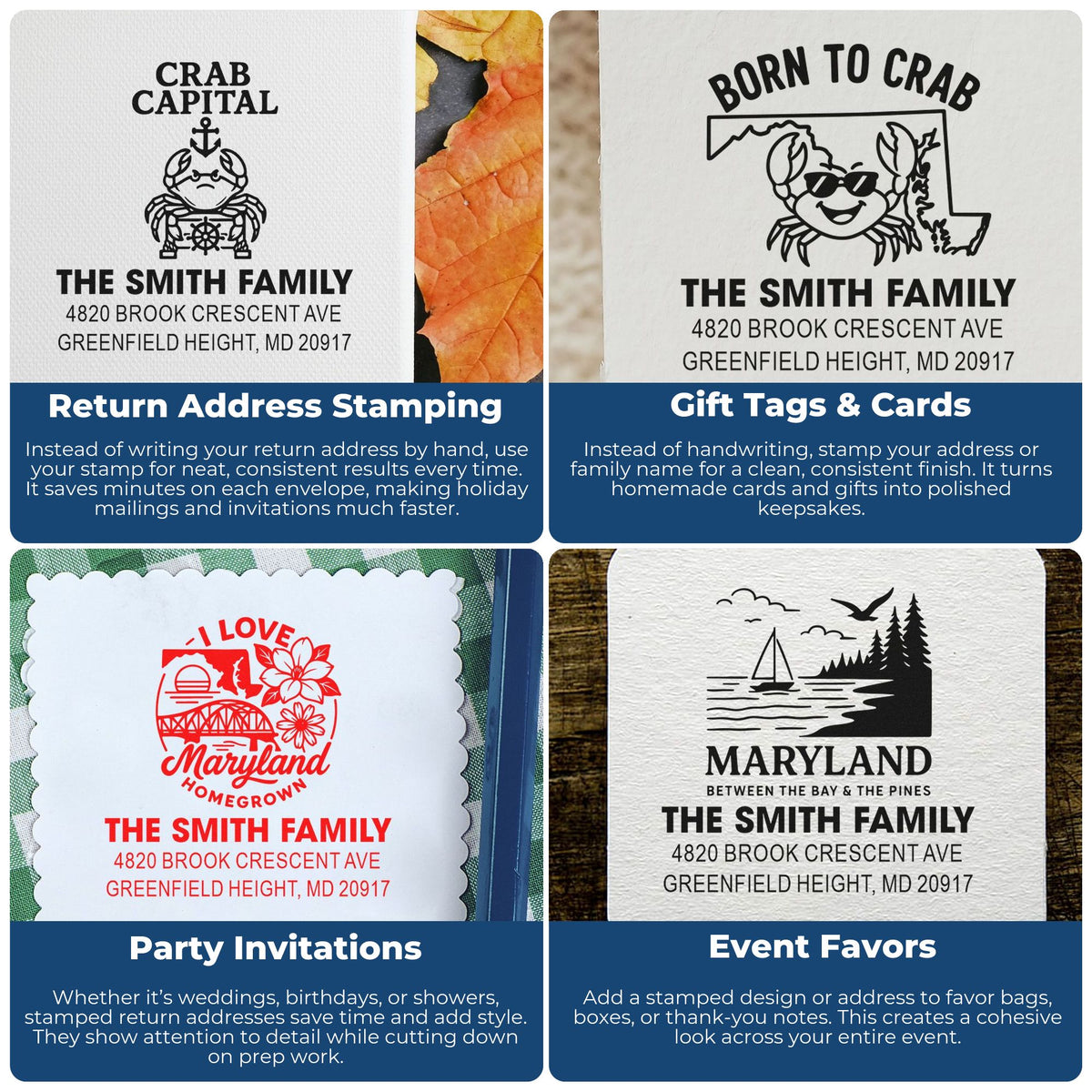 Custom rubber stamps for return addresses, gift tags, party invitations, and event favors featuring Maryland-themed family designs.