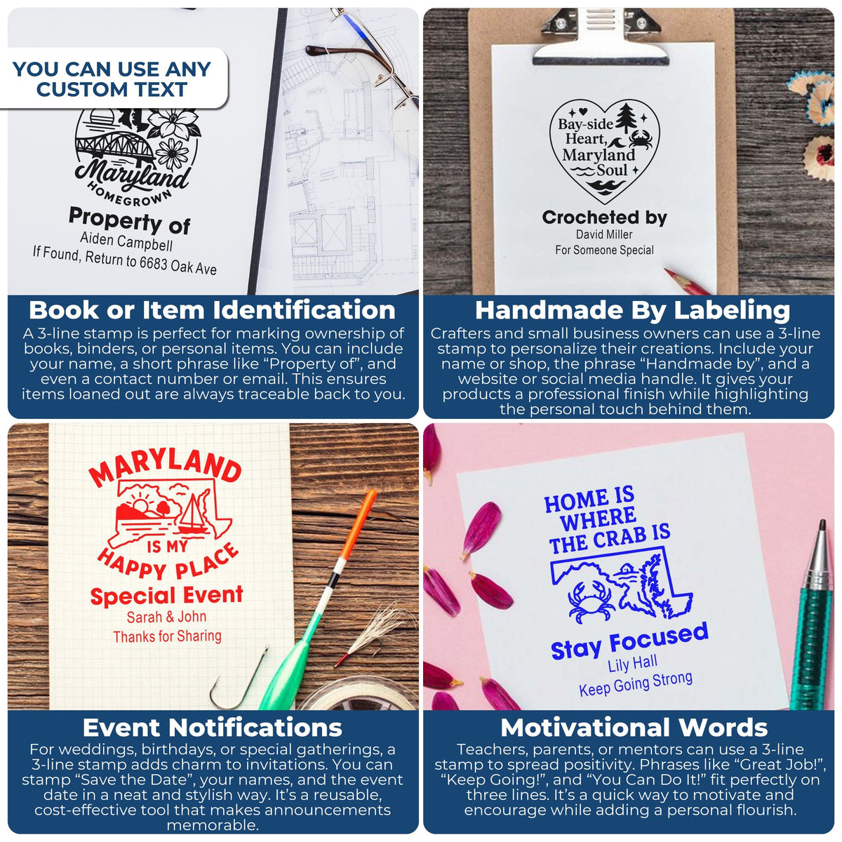 Personalized rubber stamp examples for item identification, handmade labeling, event invites, and motivational messages.