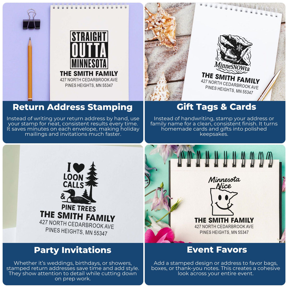Custom rubber stamp examples for return addresses, gift tags, party invitations, and event favors for Minnesota families.