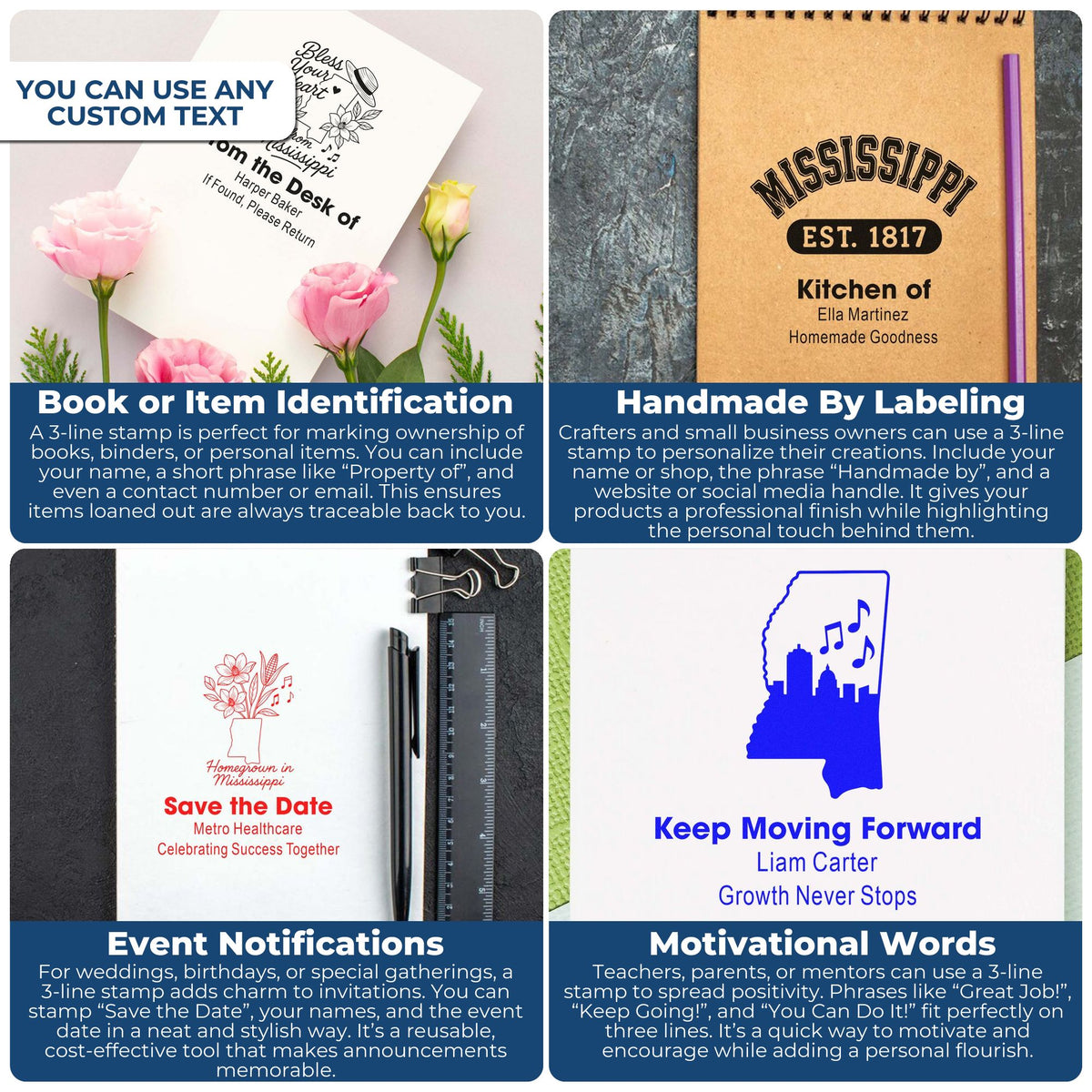 Custom 3-line rubber stamp ideas for book labels, handmade product branding, save-the-date cards, and motivational messages.